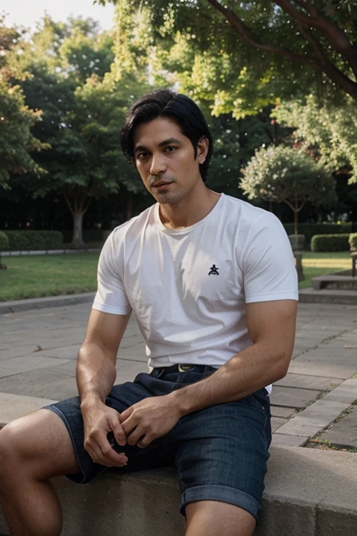 A man, black hair, short, 30 years old in handsome, sitting in Facebook logo in Park.