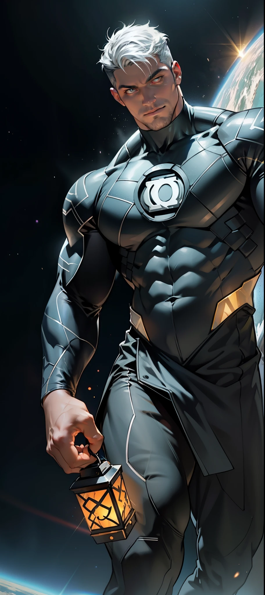 An award-winning original photo, A wild muscular man, (30 years old man:1.3), 1boy, Solo, (wearing a (silver lantern) metal suit), (glowing silver ring on a finger), spikes, neon stripes, white hair, (big shoulder), muscular, hunk, stubbles, Short beard, (Detailed face:1.3), (beautiful eyes:1.2), Dynamic Angle, volumetric lighting, (Best quality, A high resolution, Photorealistic), Cinematic lighting, Masterpiece, RAW photo, Intricate details, hdr, depth of field, knee-up shot, in space background, beautiful cosmos, energy strands around body