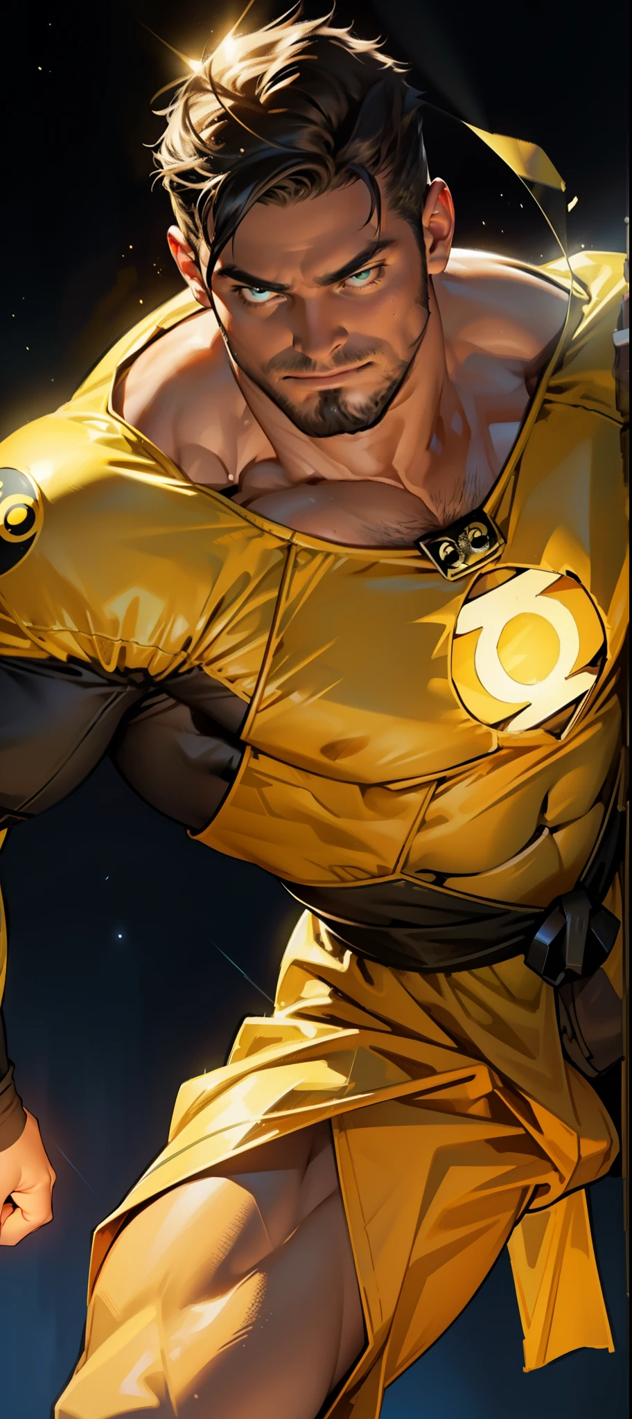 An award-winning original photo，A wild muscular man, (30 years old man:1.3), 1boy, Solo, (wearing a (yellow lantern) metal suit), (yellow ring on a finger), spikes, neon stripes, black hair, (big shoulder), muscular, hunk, stubbles, Short beard, (Detailed face:1.3), (beautiful eyes:1.2), Dynamic Angle, volumetric lighting, (Best quality, A high resolution, Photorealistic), Cinematic lighting, Masterpiece, RAW photo, Intricate details, hdr, depth of field, knee-up shot, in space background, big bulge, beautiful cosmos, energy strands around body