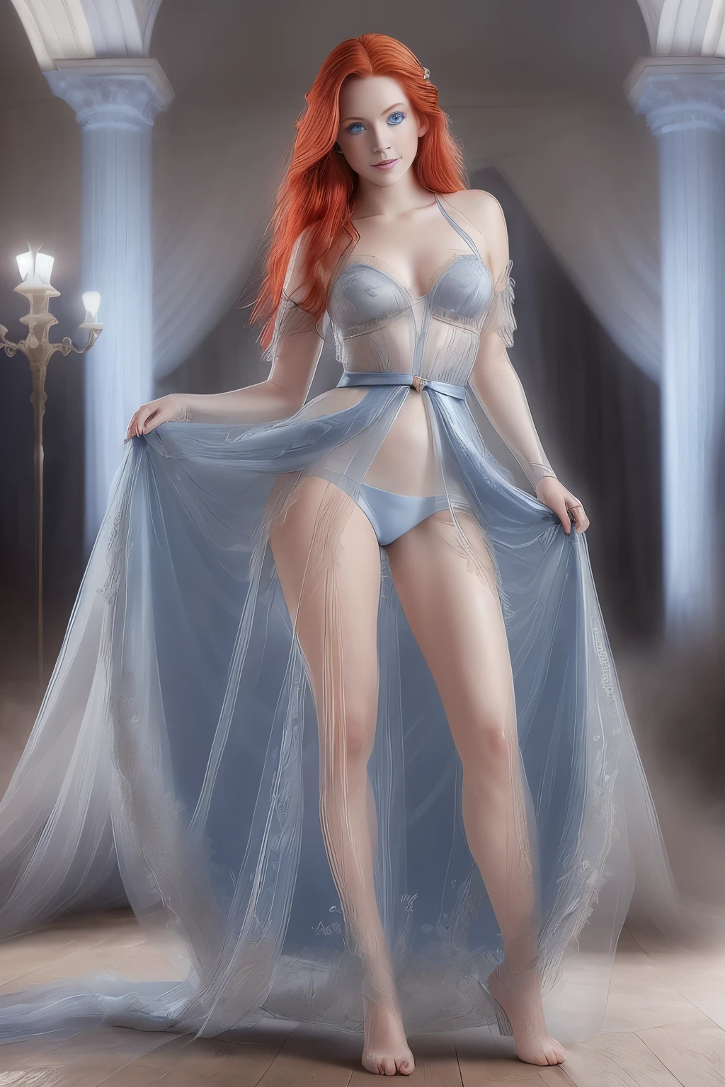 ((Ultra Long Exposure Photography)) high quality, highly detailed, a stunningly beautiful has red hair with blue eyes. she in a castle singing on stage,see-through costume,skirtlift,pick up her skirt by one hand,