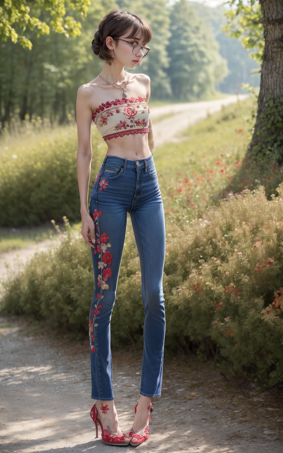 (8K, Masterpiece, RAW photo, Best quality, detail:1.3), (ultra realistic Natural background, scenary:1.5), Depth of field, Cinematic light, (ultra realistic face), (1 picture of 1 solo girl Airim Jones:1.6), 1girl, (Beautiful and elegant Russian girl), (skinny girl with glasses), (European face:1.3), (perfect complete full body:1.6), (full body shot including shoes:1.6), (perfect [frontal view|side profile|back profile]:1.5), (small necklace, collarbone:1.1), ( [bangs|pigtails|bob|pixie] hair:1.5), (ultra detailed skin:1.4), (sexy red minitop:1.5), (soft fabric miniTop:1.5), (Floral Embroidered Jeans:1.6), (perfect standing pose:1.5), (perfect long legs:1.35), (low rise jeans:1.5), (low waisted jeans:1.5), (perfect shoes:1.5), (perfect feet:1.5), (perfect oriented feet:1.4)