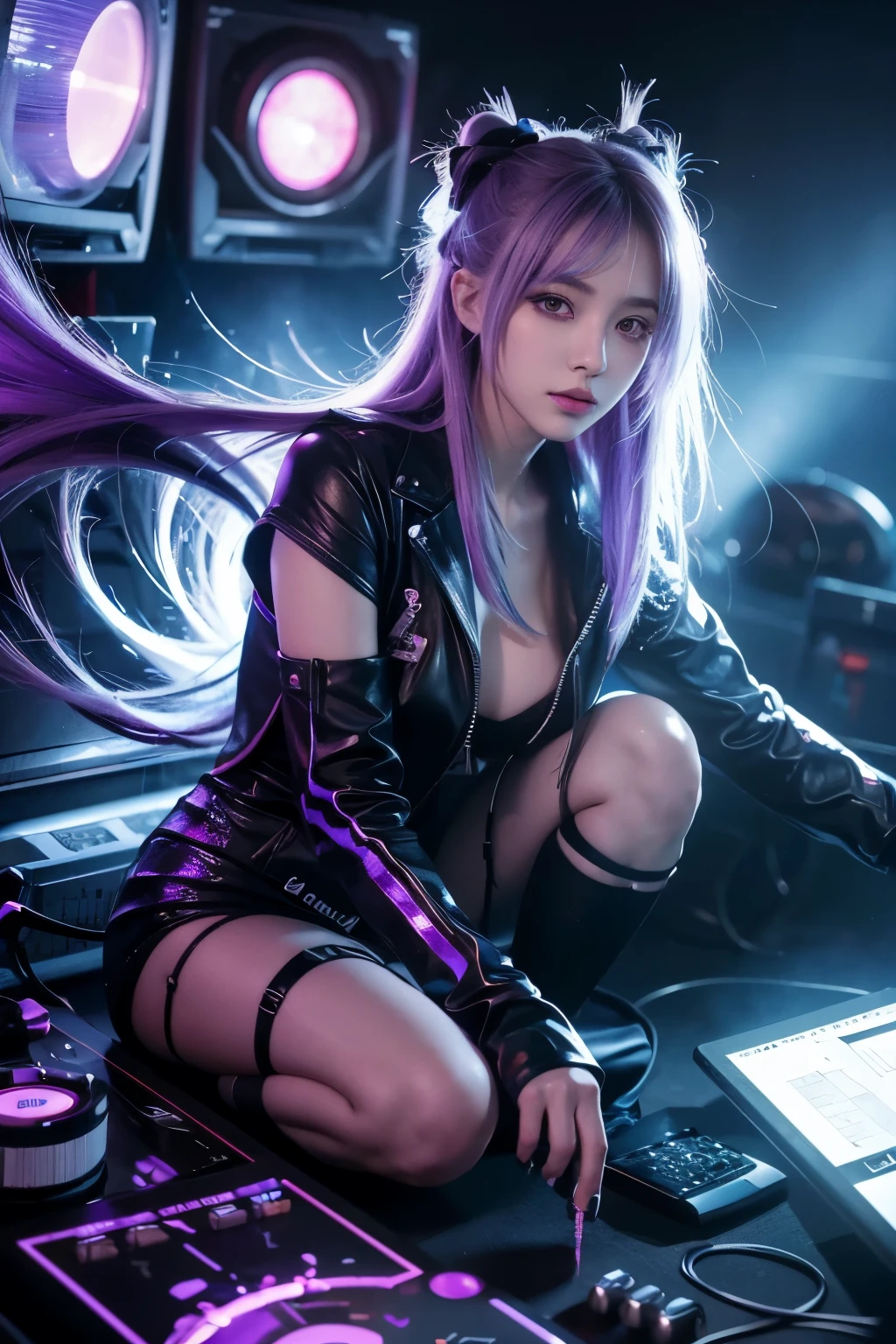 Game characters wearing electronic music costumes、Hand-held electronic music sword、Silver and purple hair anime full body picture close-up， seraphine ahri Keda， extremely detailed Art germ， most models |Art germ， style Art germ， aak， Keda， Official splash art， King Glory style， ahri， From the glory of kings， trending Art germ， Glory of Kings characters，electronic music weapon style，Game characters，anime body