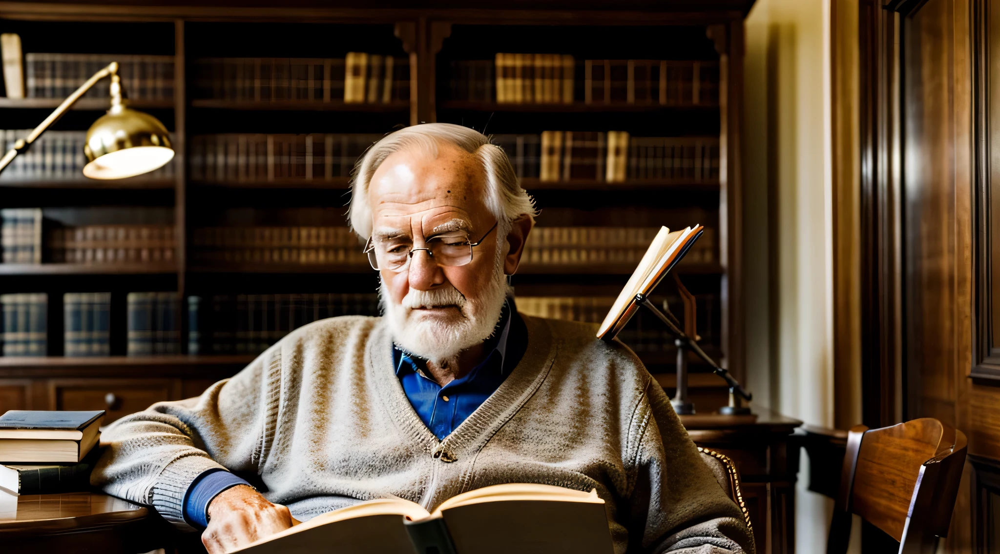 Caucasian old man reading in study room,tmasterpiece, Best quality, A high resolution, 超詳細,