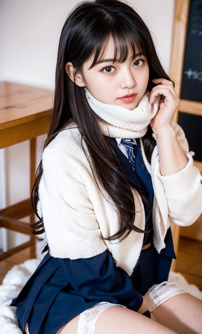 ulzzang -6500-v1.1, (Raw foto:1.2), (Photorealsitic:1.4), a beautiful detailed girl, ighly detailedな目と顔, beatiful detailed eyes, Ridiculous, unbelievable Ridiculous, huge filesize, ultra-detailliert, hight resolution, ighly detailed, top-quality, ​masterpiece, Kemomimi, ((Bury your face in a white scarf)), (((Japan schoolgirl uniform))), illustratio, ighly detailed, nffsw, unification, 8k wallpaper, astonishing, finely detail, ​masterpiece, top-quality, Highly detailed ticker uniform 8K wallpaper, face lights、Cinematographic lighting、1girl in、sixteen years old、(witheout panties)、((dynamicposes)))、(camel's toe)、(half)、(Crooked knees and legs sitting))