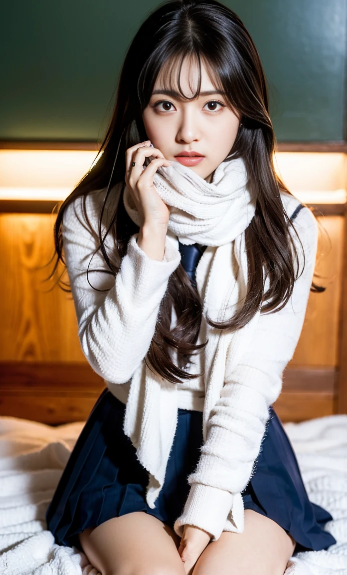 ulzzang -6500-v1.1, (Raw foto:1.2), (Photorealsitic:1.4), a beautiful detailed girl, ighly detailedな目と顔, beatiful detailed eyes, Ridiculous, unbelievable Ridiculous, huge filesize, ultra-detailliert, hight resolution, ighly detailed, top-quality, masterpiece, Kemomimi, ((Bury your face in a white scarf)), (((Japan schoolgirl uniform))), illustratio, ighly detailed, nffsw, unification, 8k wallpaper, astonishing, finely detail, masterpiece, top-quality, Highly detailed ticker uniform 8K wallpaper, face lights、Cinematographic lighting、1girl in、sixteen years old、(witheout panties)、((dynamicposes)))、(camel's toe)、(half)、(Crooked knees and legs sitting))