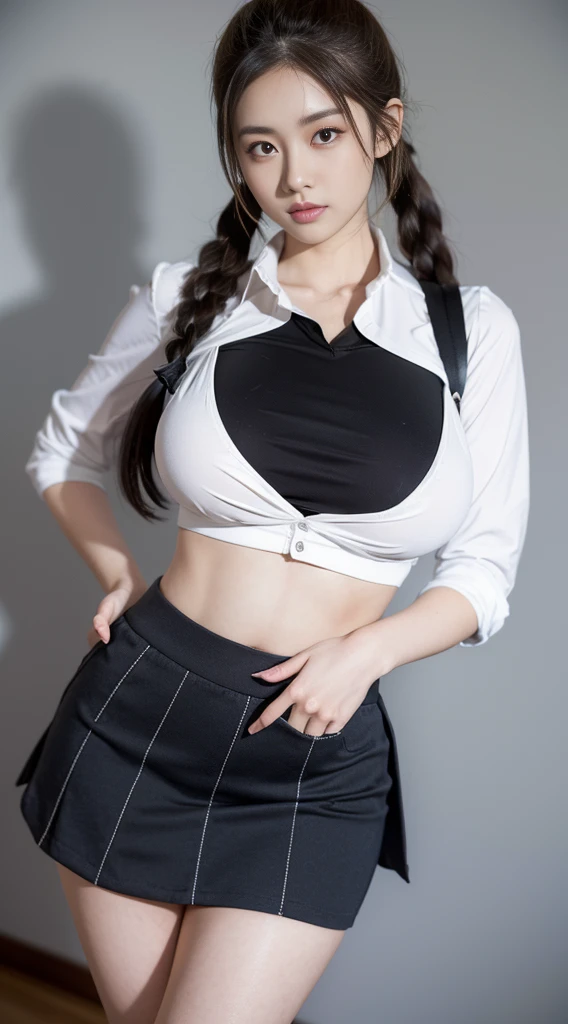 a close up of a woman in a skirt and shirt posing, seductive girl, perfect body, ((big breast, big hips)), detailed body, pigtail hair, hyperrealistic schoolgirl, sakimichan frank franzzeta, a hyperrealistic schoolgirl, sakimichan, revealing outfit, sexy outfit, intriguing outfit, blonde goddess, realistic schoolgirl, range murata and artgerm, very sexy outfit