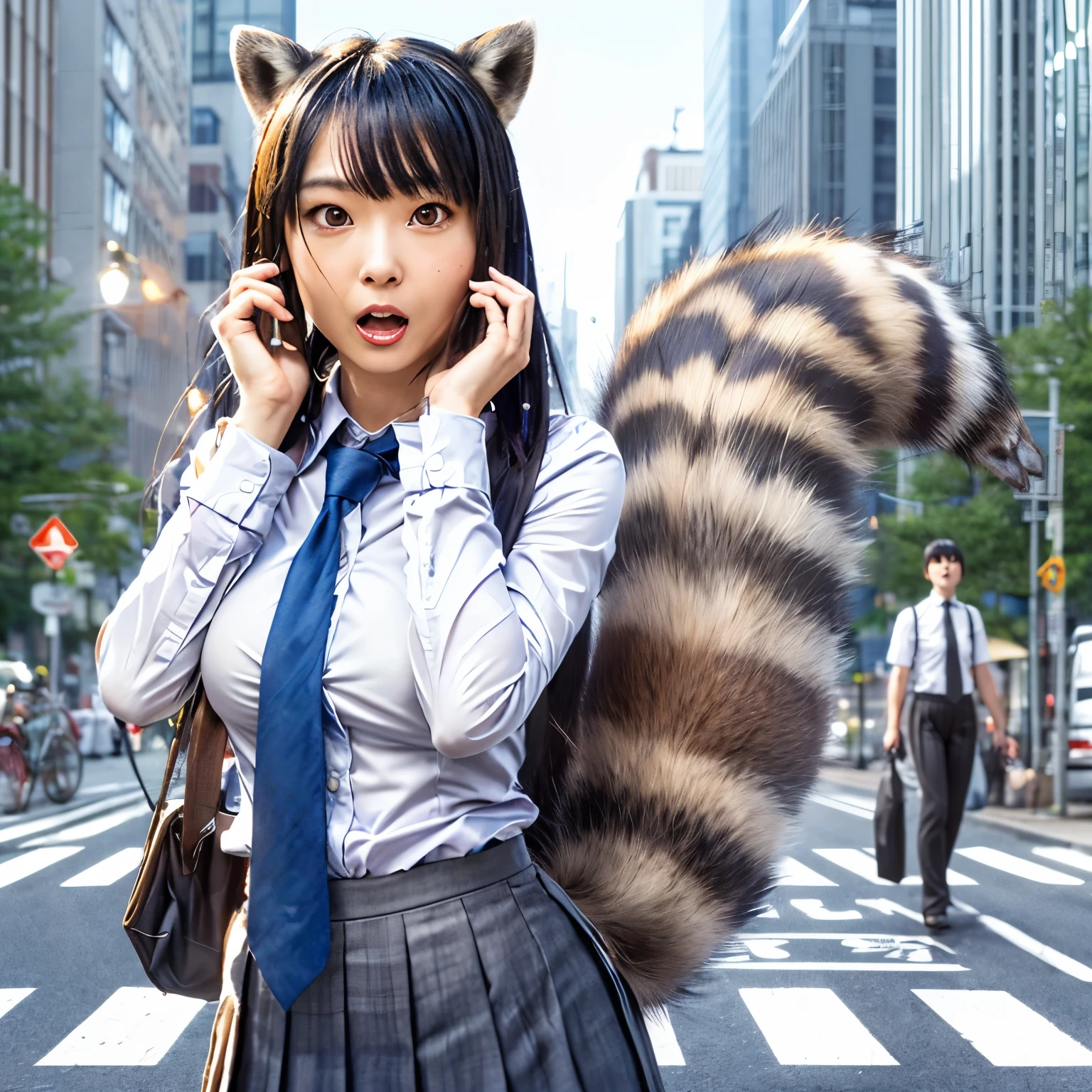A woman wearing a pleated skirt with a raccoon tail, anthropomorphic raccoon, けもの, realistic, a picture, top-quality, Surprised face , Troubled face, Her skirt is flipped up and her tail is visible., Realistic tail, small tits, slender