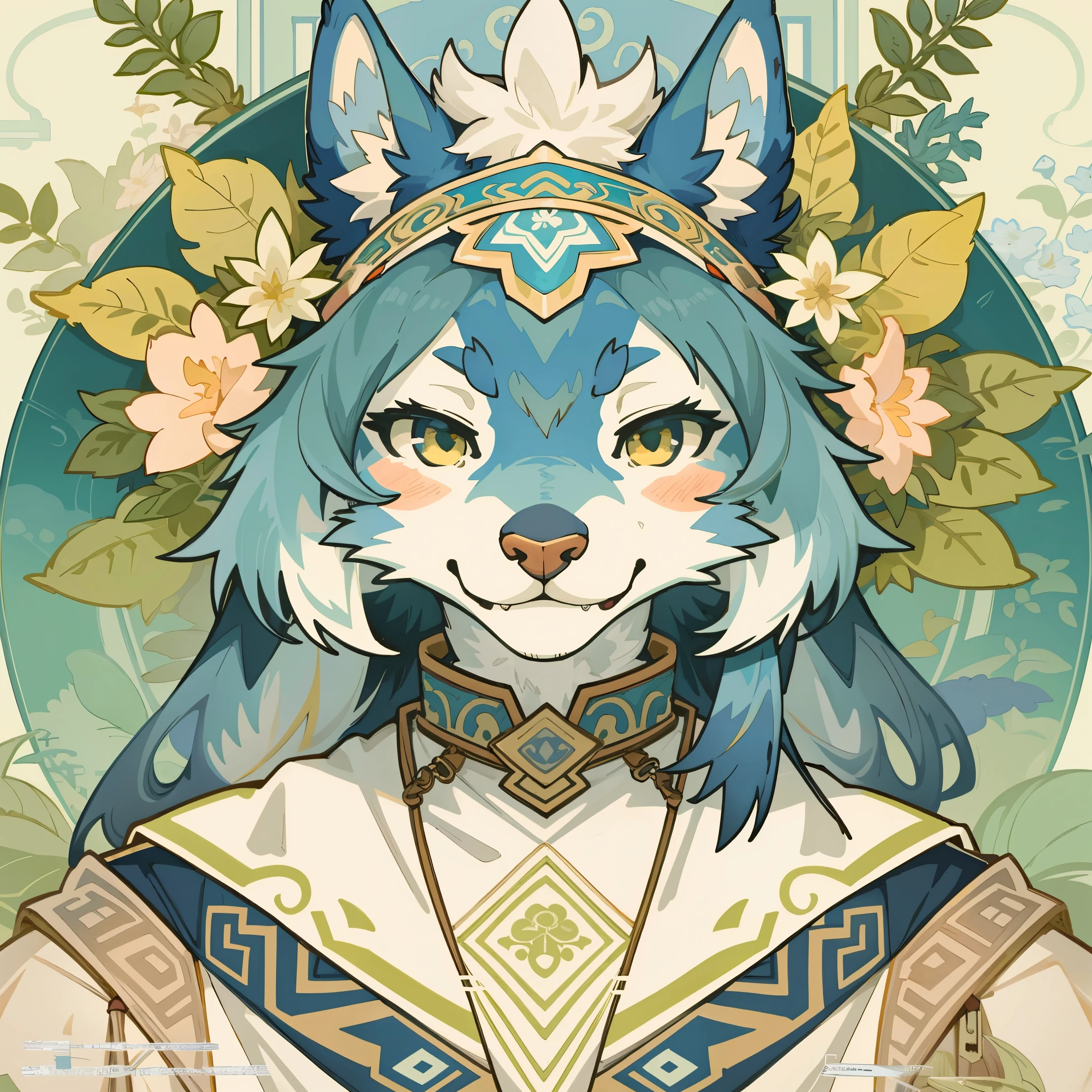 cover_page, highres, top quality, best quality, paid reward available, High-quality illustrations, unparalleled masterpiece, perfect artwork, absurdres, super high resolution, detailed background, logo mark, stamp, Geometric pattern, vector-art, High-quality illustrations by Alfons Mucha, masterpiece(kemono, furry anthro)flower,
