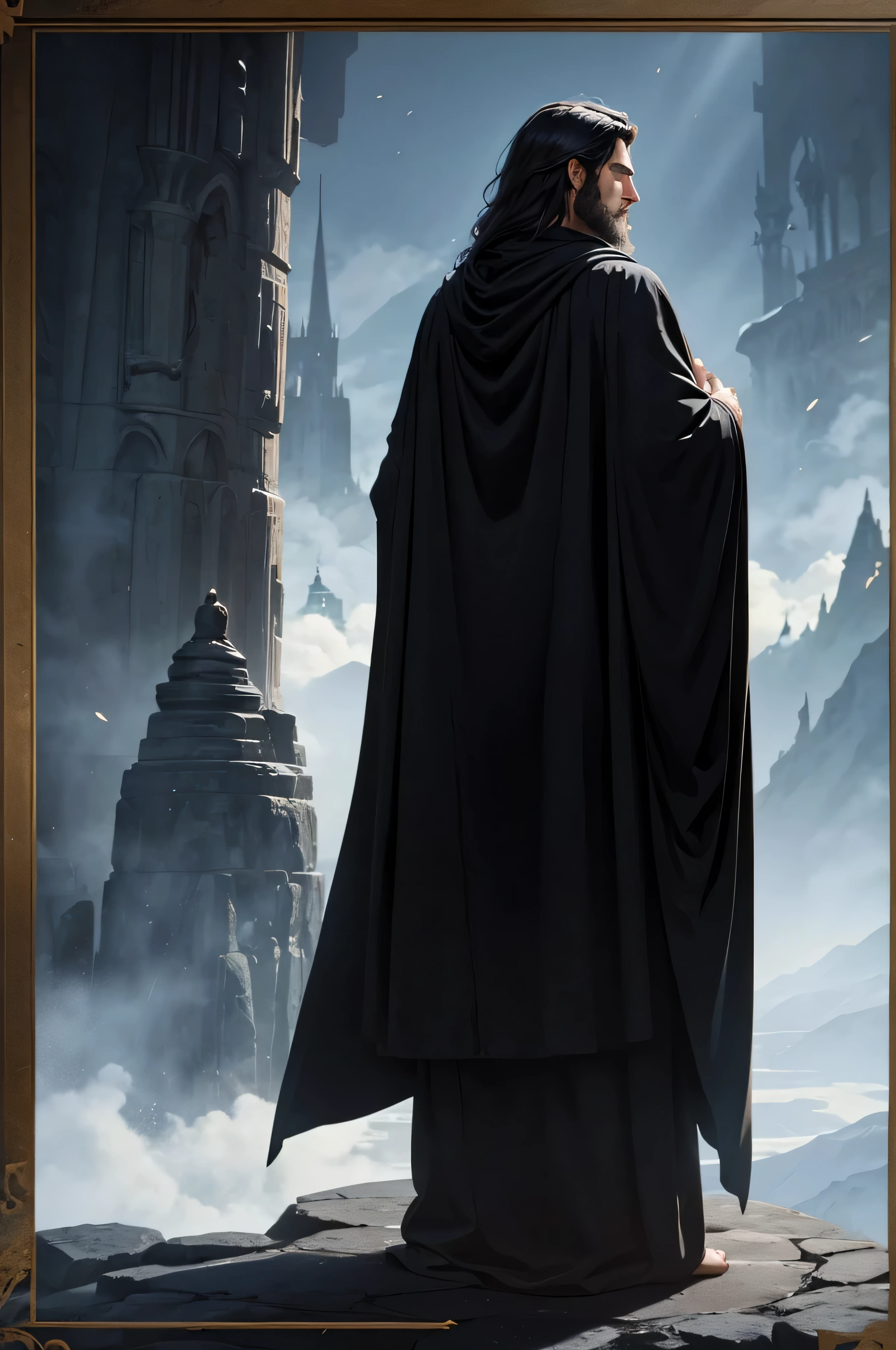 big male wizard, handsome, Wear a black coat., Stand with your back bowed.., Make a sad face, Big Height
