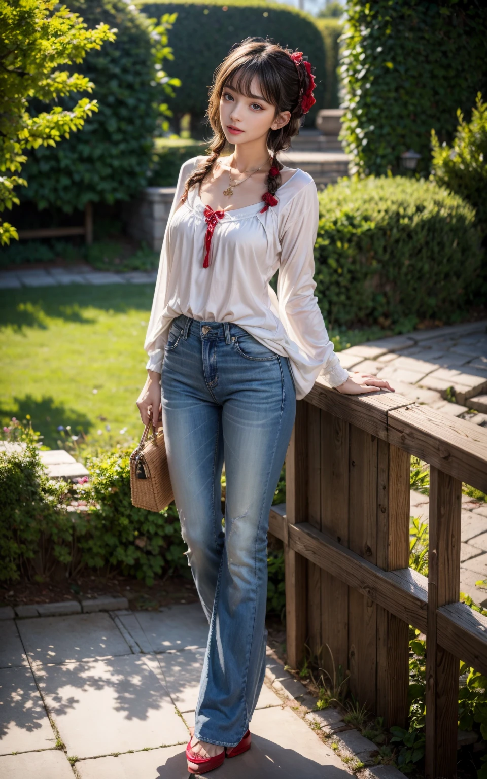 (8K, Masterpiece, RAW photo, Best quality, detail:1.3), (ultra realistic Natural background, scenary:1.5), Depth of field, Cinematic light, (ultra realistic face), (1 picture of 1 solo girl Airim Jones:1.6), 1girl, (Beautiful and elegant Russian girl), (skinny girl with glasses), (European face:1.3), (perfect complete full body:1.6), (full body shot including shoes:1.6), (perfect [frontal view|side profile|back profile]:1.5), (small necklace, collarbone:1.1), ( [bangs|pigtails|bob|pixie] hair:1.5), (ultra detailed skin:1.4), (sexy red minitop:1.5), (soft fabric miniTop:1.5), (Flare Leg Jeans:1.6), (perfect standing pose:1.5), (perfect long legs:1.4)