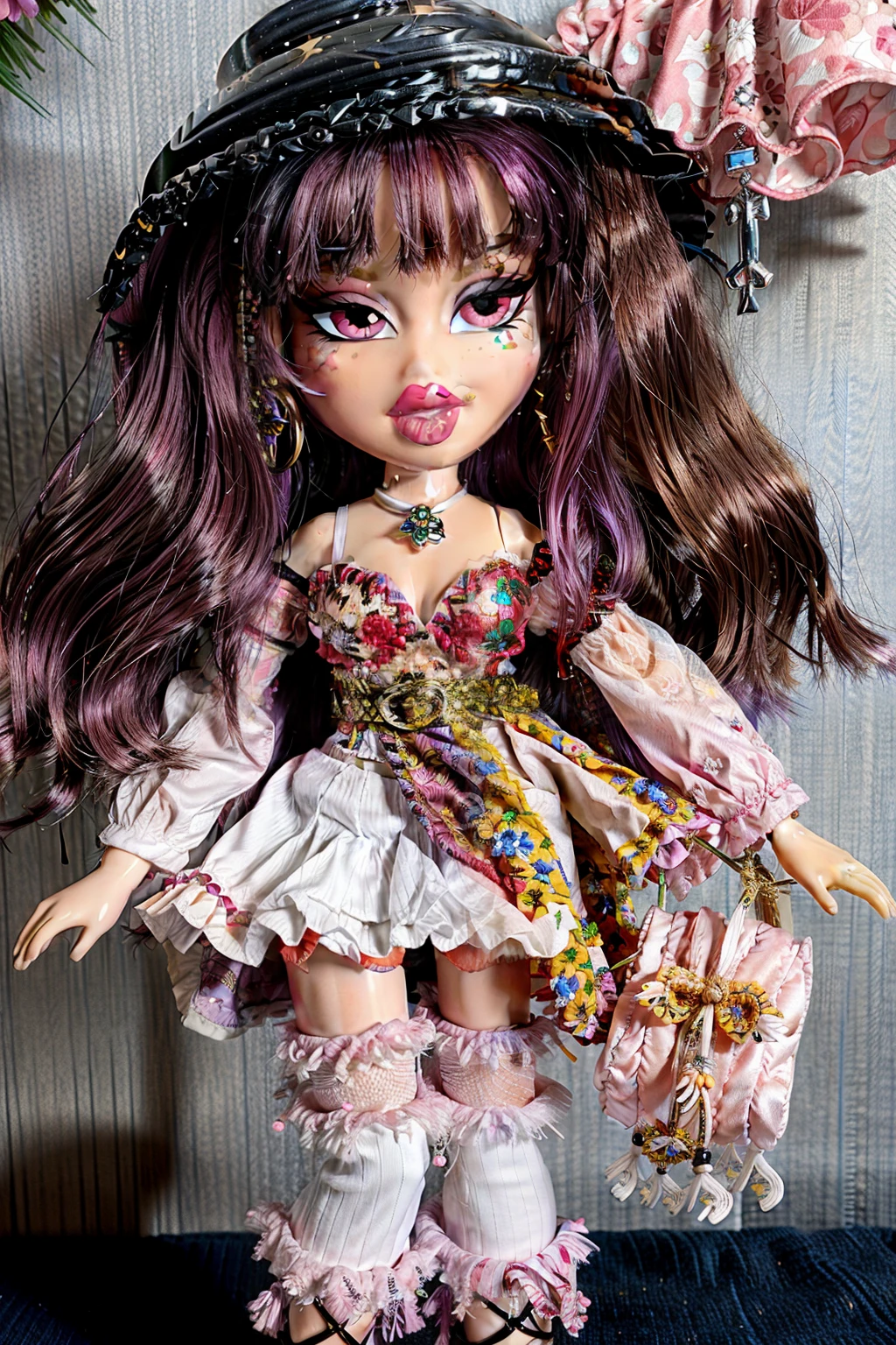Bratz girl with detailed eyes and big lips and short purple hair, wearing versace colorful flowers dress, full body , plastic skin , doll joints , ,(masterpiece, top quality, best quality, beautiful and aesthetic:1.2), sukuna shinmyoumaru, doll, revealing clothes, big head, 1girl, solo, breasts, curvy, wide hips, narrow waist, joints, doll joints, cleavage, bursting breasts, huge breasts, lips, 1girl,minigirl,bowl hat,ahoge,purple hair, short hair,red eyes,japanese clothes,frilled kimono,obi,sash,long sleeves, wide sleeves, full body, high heels, thighhighs, long legs,