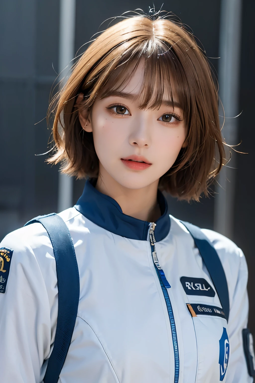 1 Girl、cute-cute、、A smile、Look at the viewer、Rider Suit、The photograph、Realistic、beste-Qualit、adopt、detailed faces、Shorthair、Near Future City、细致背景、diffuse lighting、depth of ﬁeld、bokeh feeling