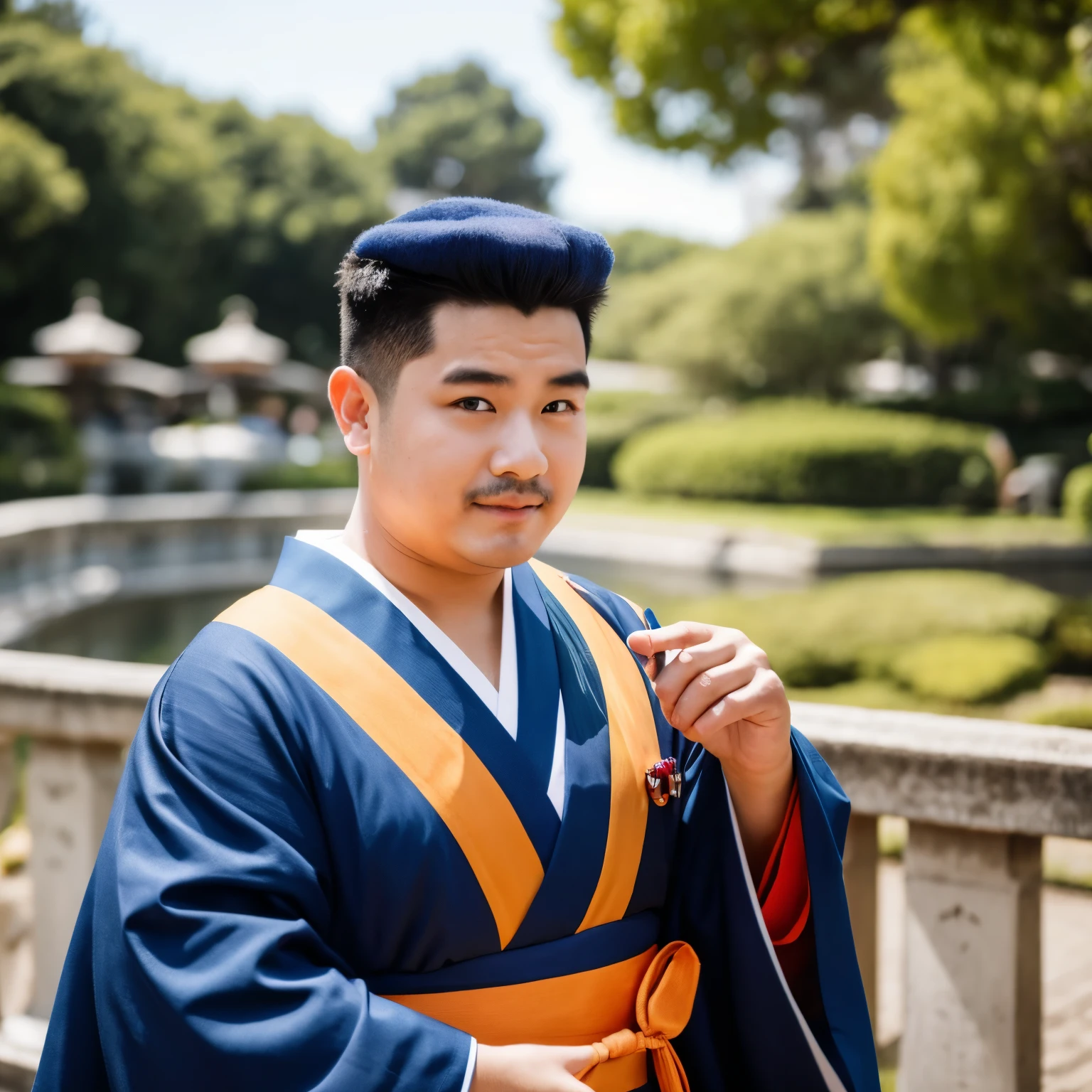 A chubby man with thick, deeply set eyebrows, wearing a traditional Japanese kimono.