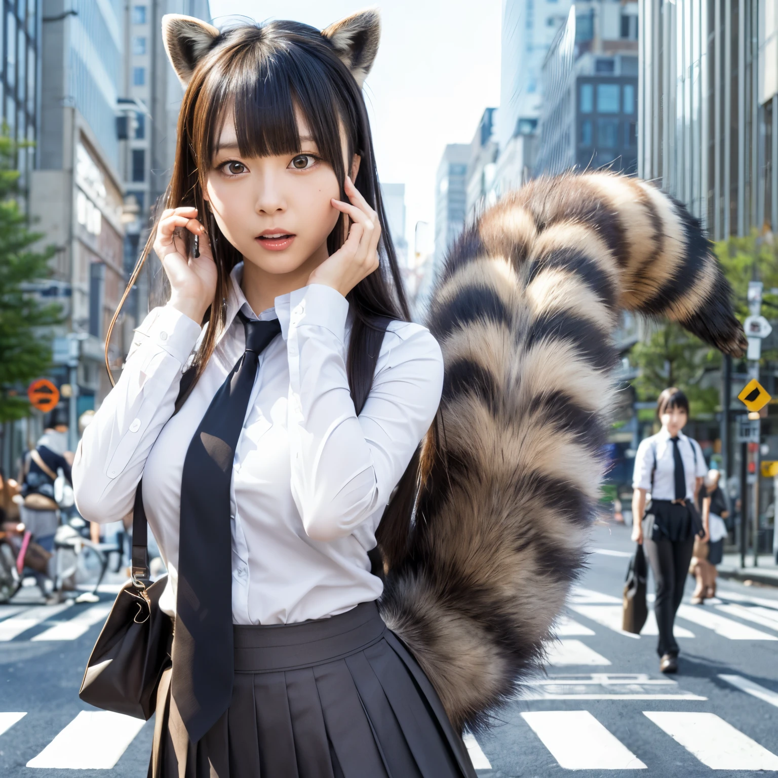 A woman wearing a pleated skirt with a raccoon tail, anthropomorphic raccoon, けもの, realistic, a picture, top-quality, Surprised face , Troubled face, Her skirt is flipped up and her tail is visible., Realistic tail