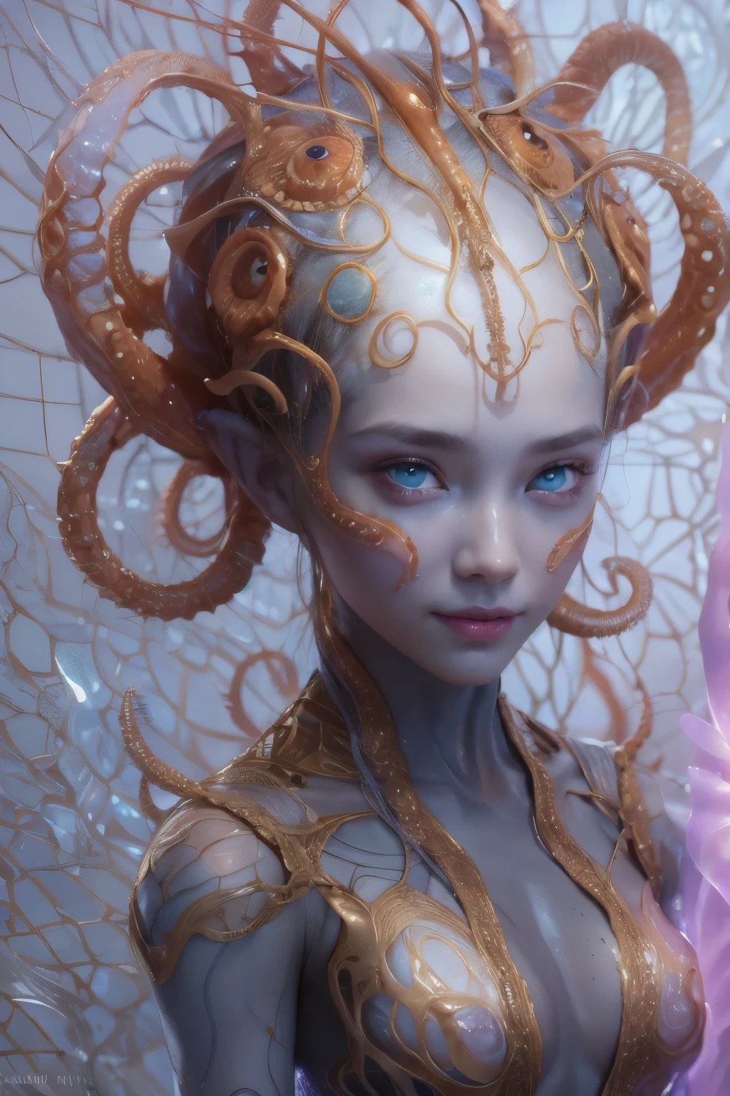 Portrait, (beautiful female alien:1.2),  (she has red eyes with no pupils:1.8), (Translucent skin:1.7),  (There is a female genital-like organ in the middle of the forehead.:1.9), (The most beautiful face in the history of the universe:1.2),an evil gaze that seduces, (large mouth:1.1), (sharp teeth like a vampire:1.2), Full body like, (bio luminescent:1.5), (Smile wickedly:1.3),  (sexypose:1.5), alien, No humans, cells are fused, (Lots of translucent tentacles:1.3) extraterrestrial, cell, bio image, Best Quality, 8K,4K_quality, High Definition, Dramatic Lighting, masutepiece:1.5,cinematic quality, detail up, (Intricate details:1.2), High resolution, High Definition, drawing faithfully, (Thick eyebrows:1.2), Beautiful eyes with fine symmetry,(Highly detailed face and eyes:1.2), Intimate face, (Super detailed skin quality feeling:1.4), Perfect Anatomy,  (Beautiful toned body:1.5),  (Moist skin:1.2), No makeup, (dark circles:1.1), long canines, cinematic drawing of characters, ultra high quality model, cinematic quality, detail up, (Intricate details:1.2), High resolution, High Definition, drawing faithfully, Official art, Unity 8K wall  , 8K Portrait, Best Quality, Very High resolution, ultra detailed artistic photography, midnight aura,  unreal enginee 5, Ultra Sharp Focus, art by alberto seveso, ArtGerm, Roisch, intricate artwork, best quality, masutepiece, ultra High resolution, (photos realistic:1.4), Ultra-realistic realism, dream-like,  nautilus, Creation of fantasy, Snail, Dream Snail,  biopunk nautilus, Thrilling color schemes， Ultra-realistic realism， seductively smiling, Blue tentacles,