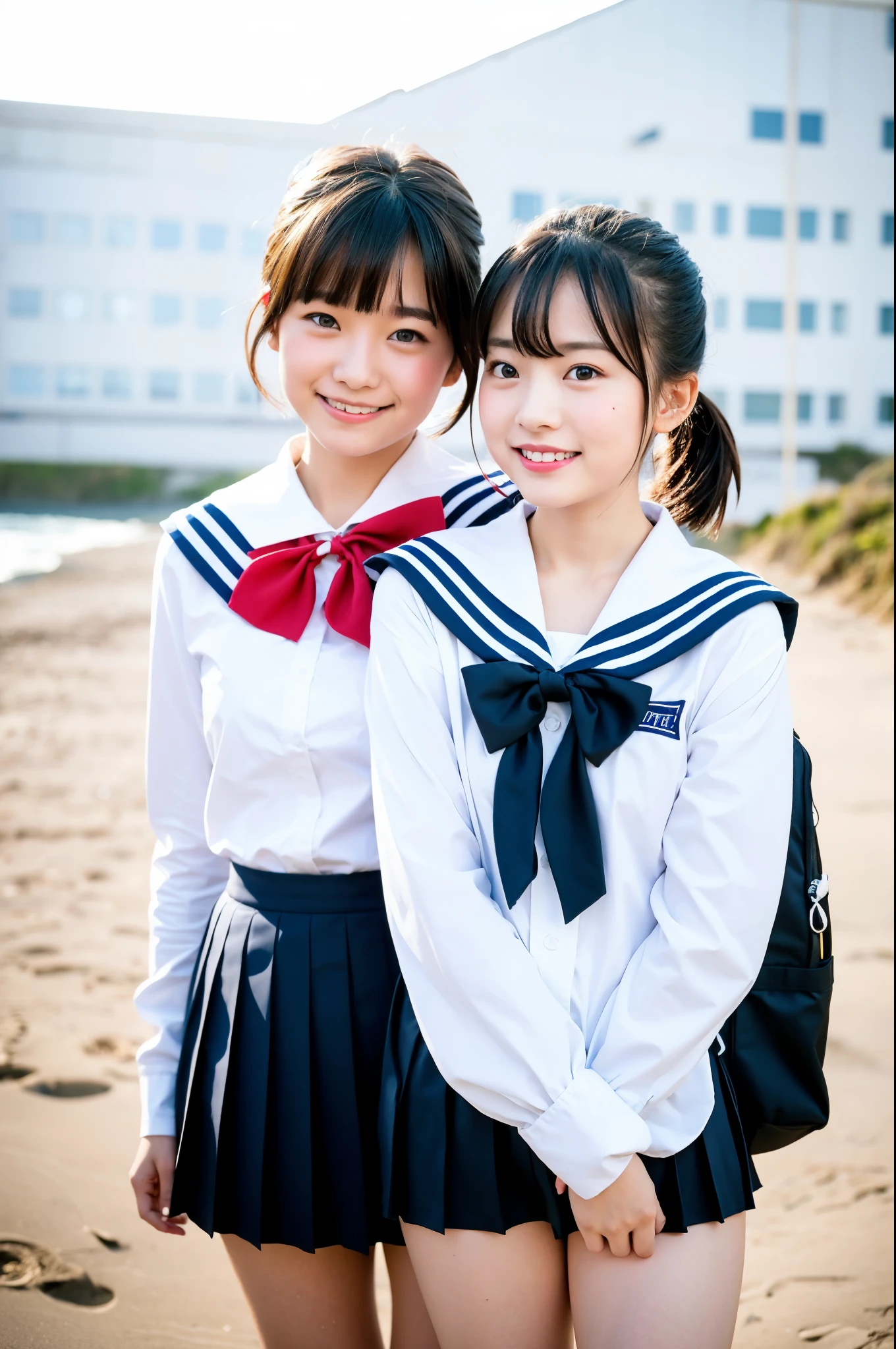 2 girls on rural beach in winter,long-sleeved white sailor shirt with red bow tie,navy blue pleated skirt,school bag,18-year-old,bangs,a little smile,thighs,short cut hair,low ponytail,from below,frontlighting