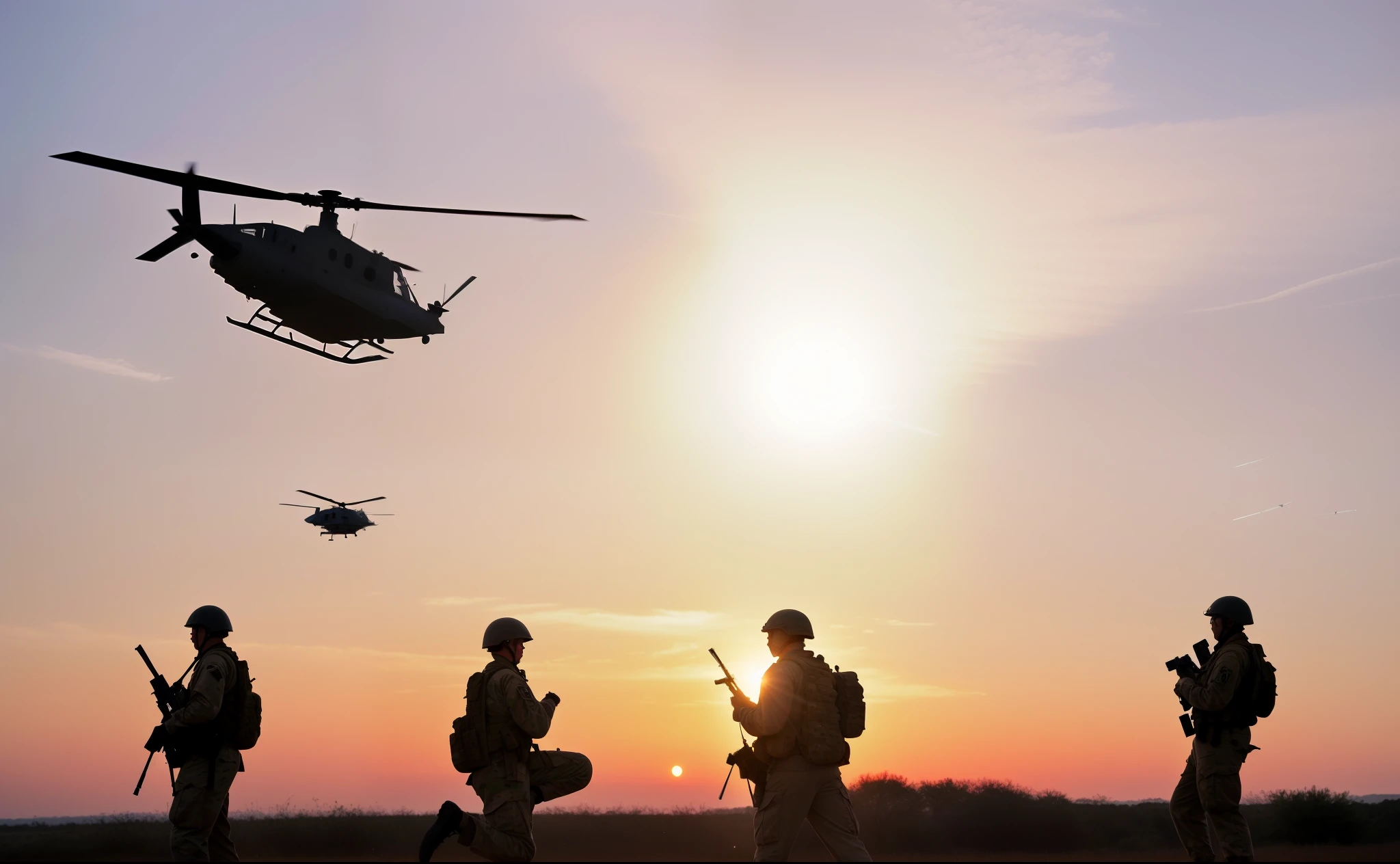 soldiers are silhouetted against a sunset sky as a helicoptere flies overhead, air support, Set photo, photo shot, army, helicopteres, impeccable army composure, At sunset, helicopteres firing, photo shot, helicoptere drones, hero shot, helicoptere, Close-up Shot Shot, Close-up Shot Shot, still photo, at sunrise, army photography, war photos