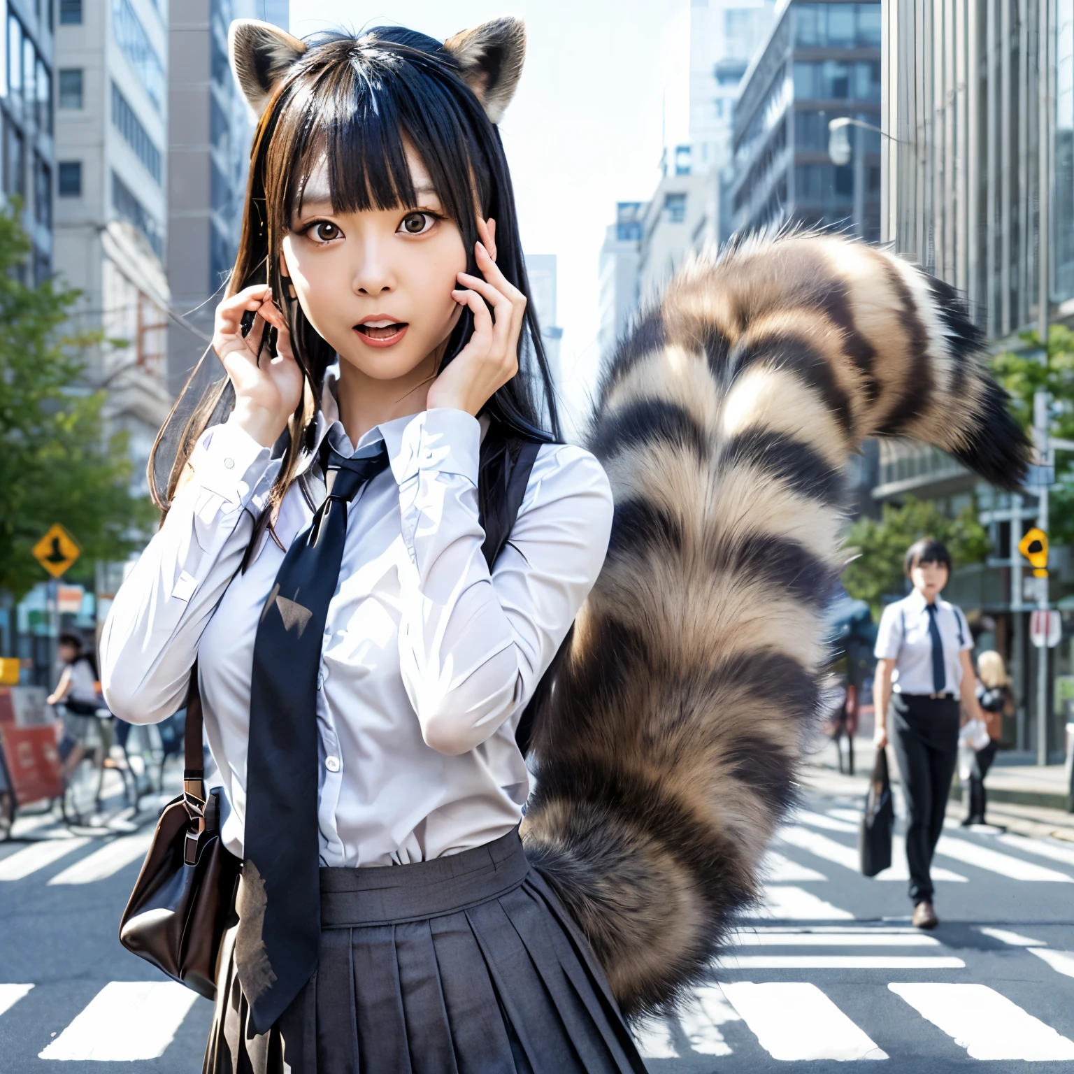 A woman wearing a pleated skirt with a raccoon tail, anthropomorphic raccoon, けもの, realistic, a picture, top-quality, Surprised face , Troubled face, Her skirt is flipped up and her tail is visible., Realistic tail