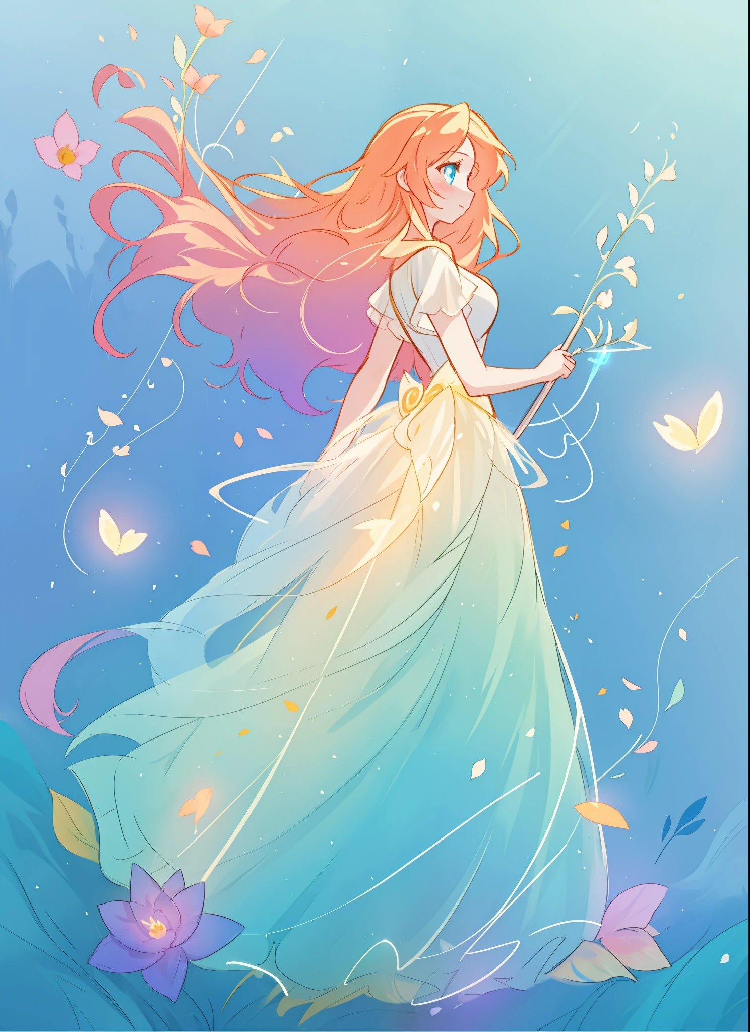 beautiful girl in flowing ballgown, inspired by Glen Keane, inspired by Lois van Baarle, disney art style, by Lois van Baarle, glowing aura around her, by Glen Keane, jen bartel, glowing lights! digital painting, flowing glowing hair, glowing flowing hair, beautiful digital illustration, fantasia otherworldly landscape plants flowers, beautiful, masterpiece, best quality, anime disney style