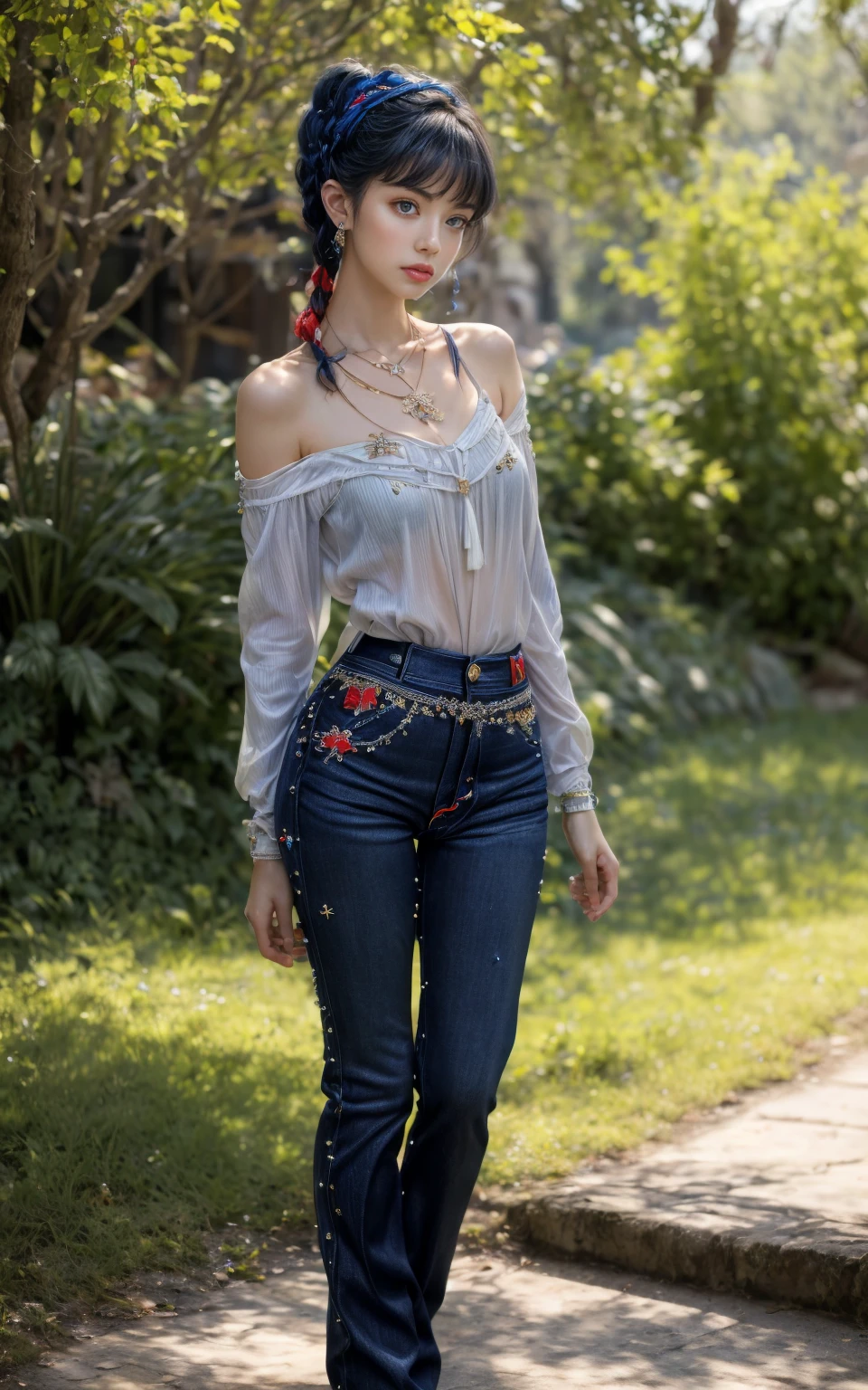 (8K, Masterpiece, RAW photo, Best quality, detail:1.3), (ultra realistic Natural background, scenary:1.5), Depth of field, Cinematic light, (ultra realistic face), (1 picture of 1 solo girl Airim Jones:1.6), 1girl, (Beautiful and elegant Russian girl), (skinny girl with glasses), (European face:1.3), (perfect complete full body:1.6), (full body shot including shoes:1.6), (perfect [frontal view|side profile|back profile]:1.5), (small necklace, collarbone:1.1), ( [bangs|pigtails|bob|pixie] hair:1.5), (ultra detailed skin:1.4), (sexy red minitop:1.5), (Embellished Blue Jeans:1.6), (perfect standing pose:1.5), (perfect long legs:1.4)