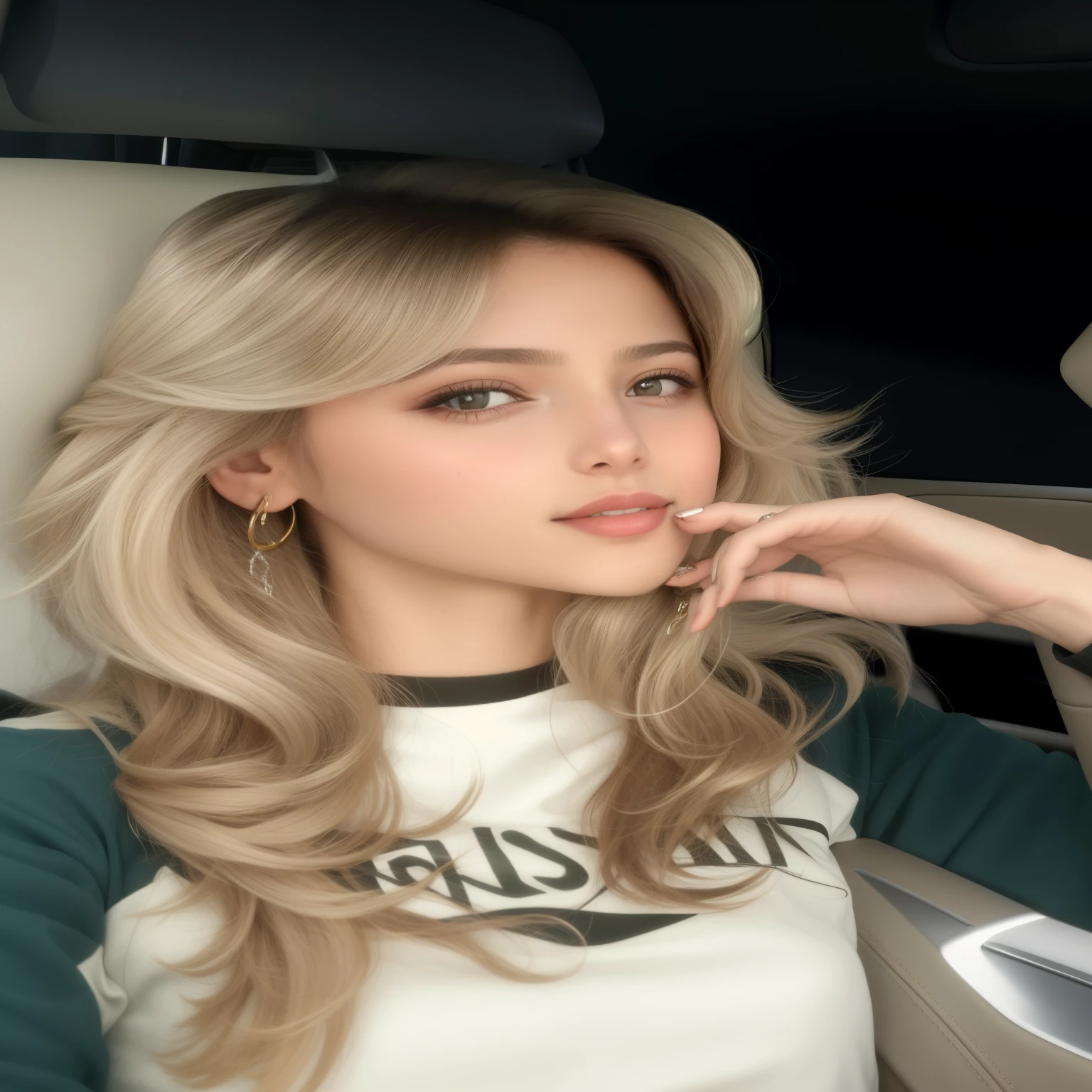 mulher loira com cabelo comprido sentada em um carro com um telefone celular, franja de cortina, center parted franja de cortina, Alana Fletcher, Sidnei Sweeney, Kailee Mandel, julia sarda, Angie Glocka, Olivia de Bernardinis, Millane , uma menina com cabelo loiro, rosto como ester exposito, cabelos loiros e olhos grandes Millane