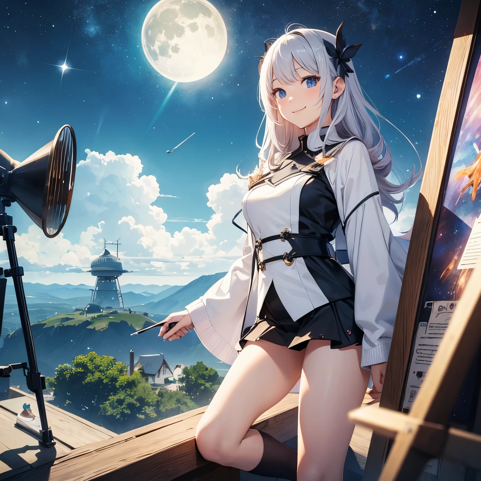 Istvan Banyai, Yoneyama Mai, Surreal, mysterious, strange, fantastical, fantasy, Sci-fi fantasy, winter space, beautiful girl in a miniskirt observing astronomical bodies, perfect voluminous body, on top of a hill, astronomical telescope, galaxy, planet, moon, constellation, detailed masterpiece bird’s eye views perspectives colour hand drawings Hyper realistic shy embarrassed smile happy
