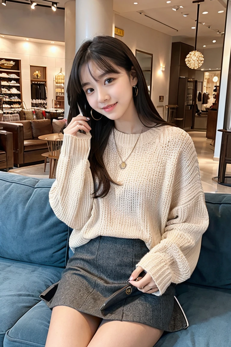 Beautiful girl wearing a mall sweater、Wool skirt、14years、japanes、livingroom、happiness、