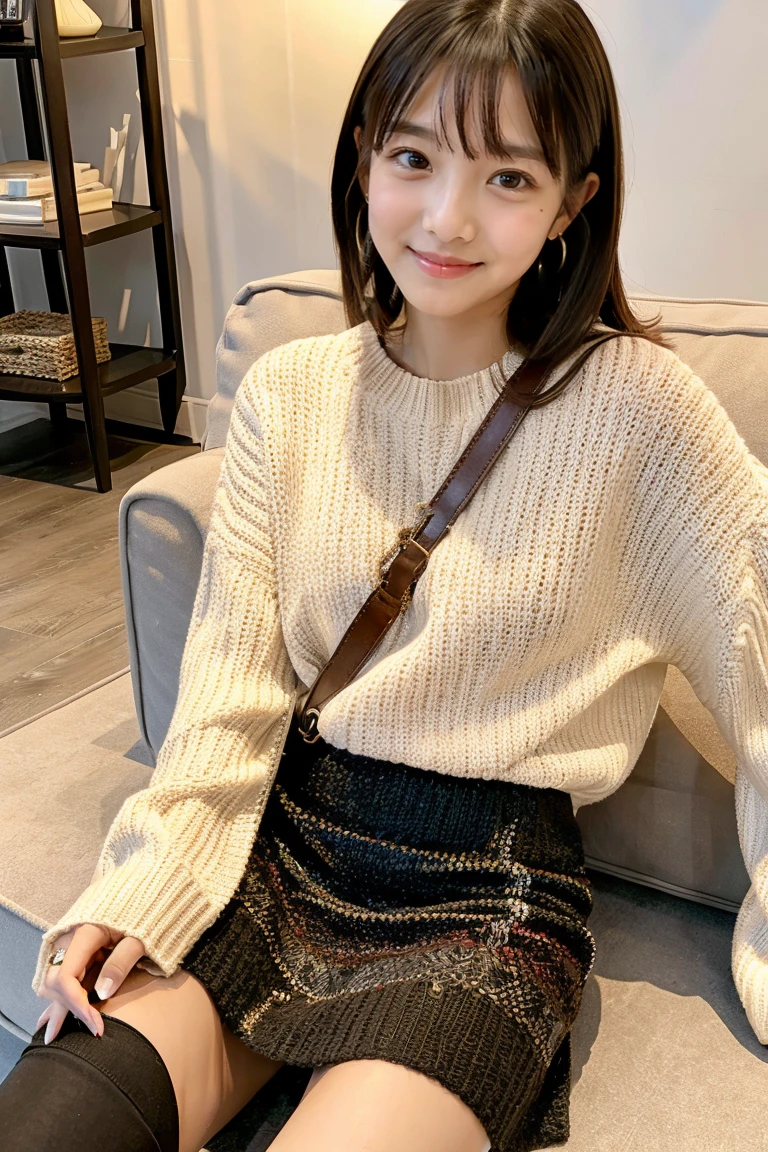 Beautiful girl wearing a mall sweater、Wool skirt、14years、japanes、livingroom、happiness、