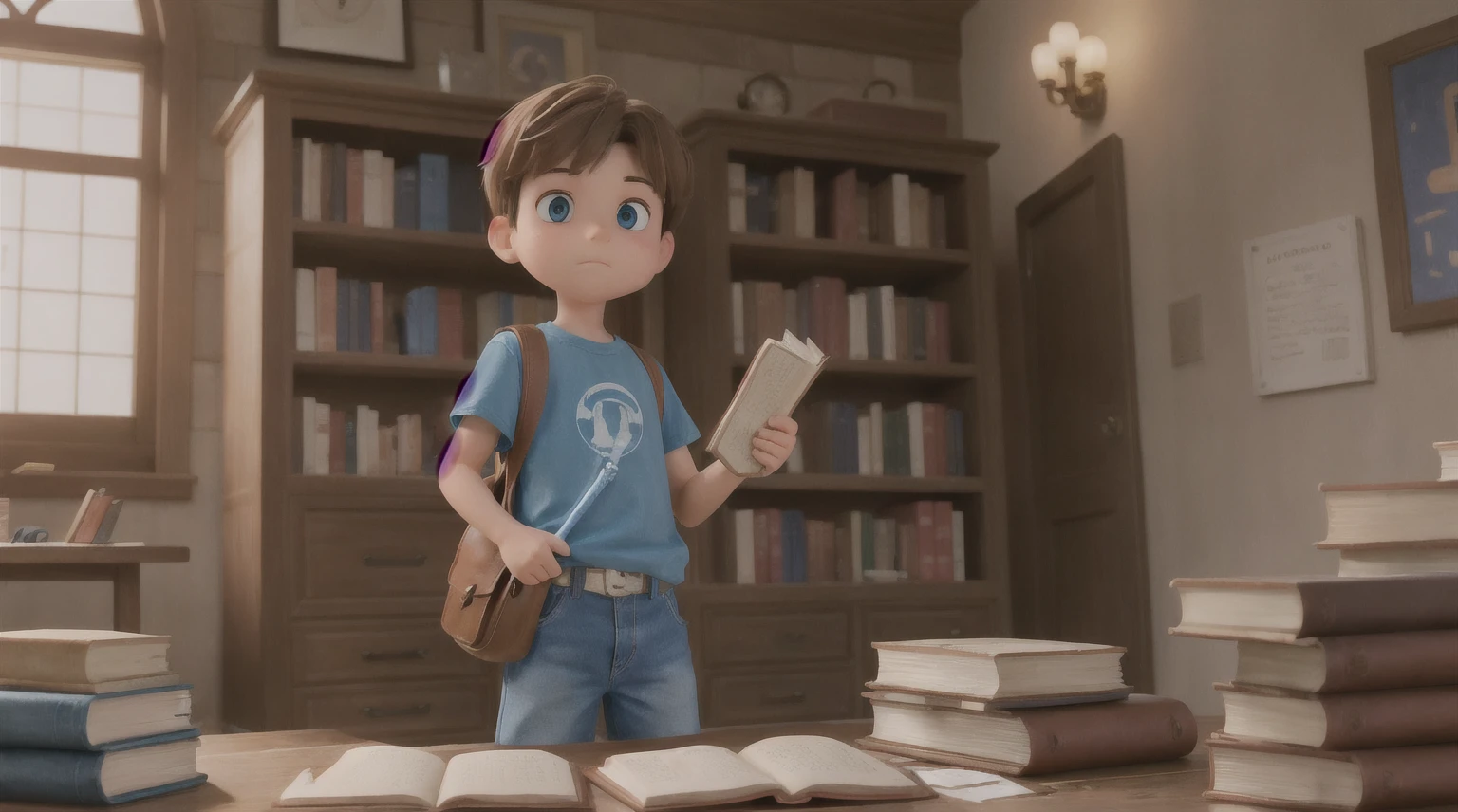 Leo, a 10-year-old boy, brown hair, light eyes, blue shirt, brown backpack, denim shorts, red sneakers Looking at the dusty piles of books, Leo discovered a leather-bound volume, with strange symbols and a mysterious feel.