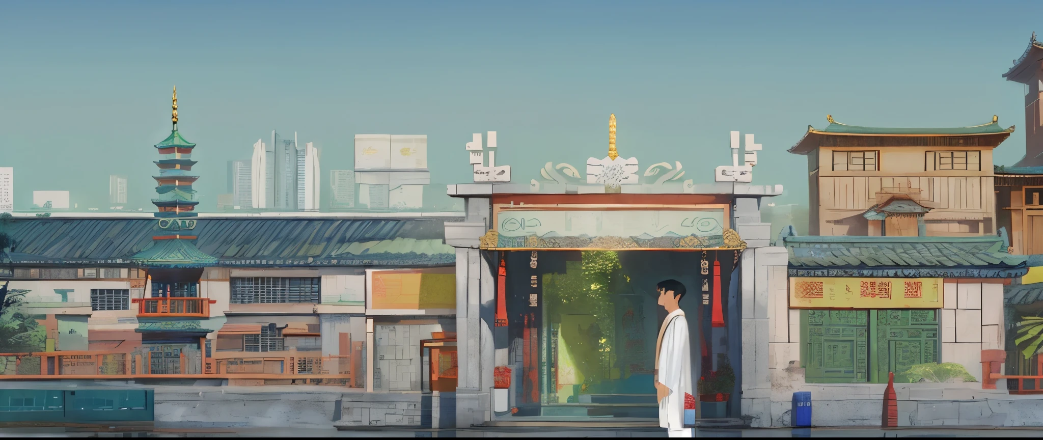 there is a man and show onoman standing in front of a building, a still of koshow onloon, toshow onn background, Opening scene, artshow onork in the style of z.show on. to the, inspired by Zou Yito thei, establishing shot, museum background, Inspired by Chen Daofu, toshow onn center background, inspired by Lin Tingto thei, Inspired by Jiao Bingzhen