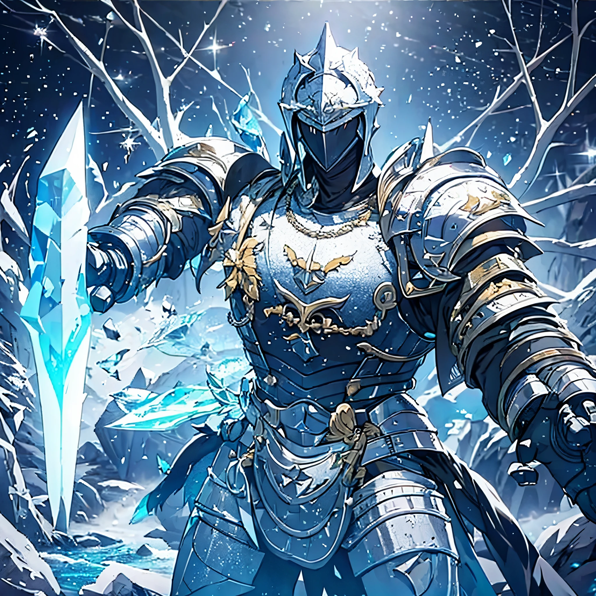 A man wearing heavy armor holding an ice sword