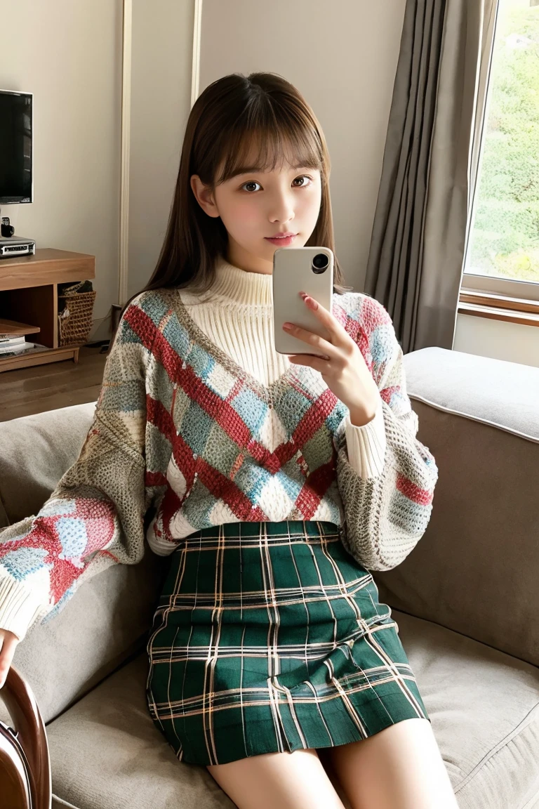 Beautiful girl wearing an argyle sweater、Wool skirt、14years、livingroom、