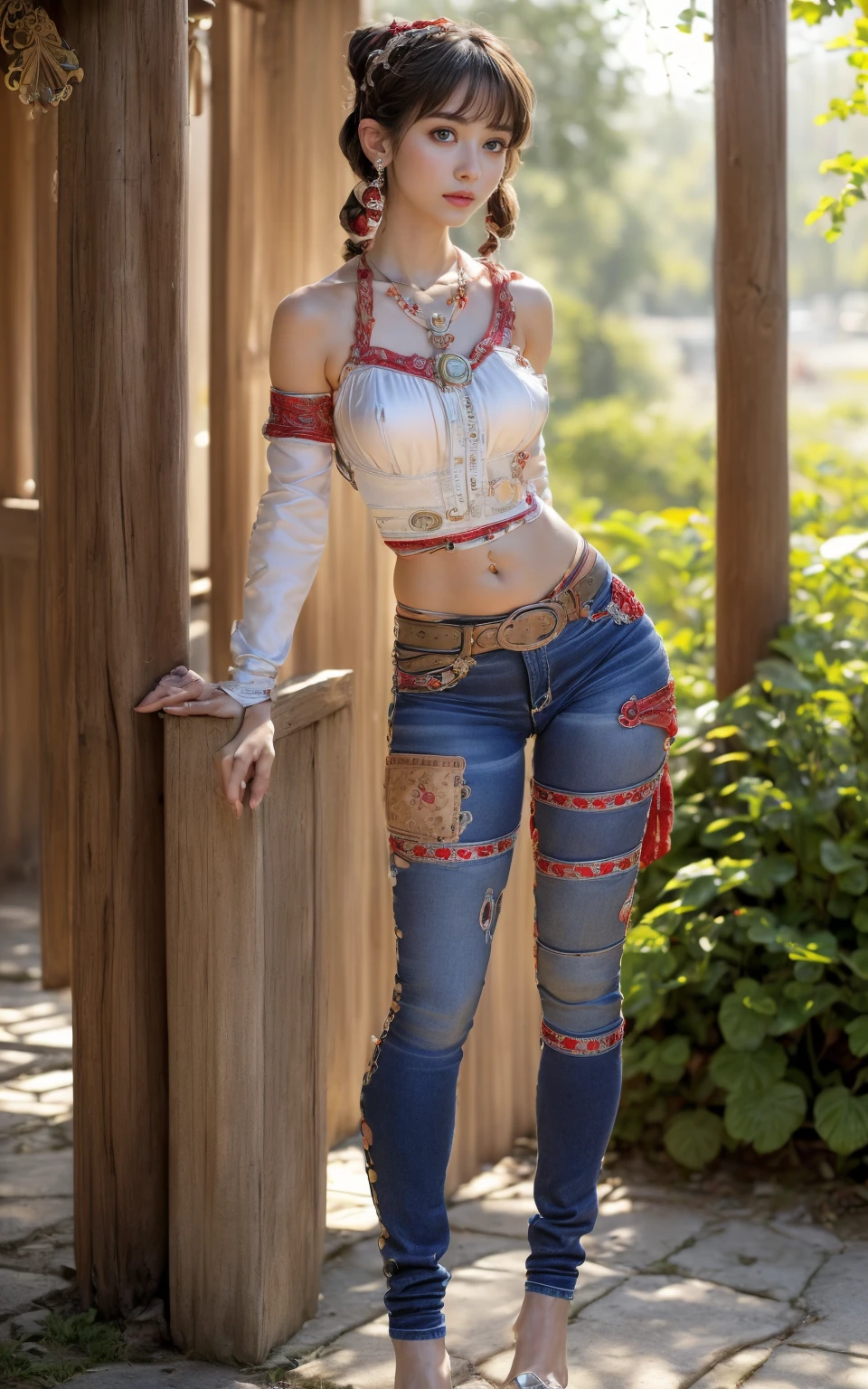 (8K, Masterpiece, RAW photo, Best quality, detail:1.3), (ultra realistic Natural background, scenary:1.5), Depth of field, Cinematic light, (ultra realistic face), (1 picture of 1 solo girl Airim Jones:1.6), 1girl, (Beautiful and elegant Russian girl), (skinny girl with glasses), (European face:1.3), (perfect complete full body:1.6), (full body shot including shoes:1.6), (perfect [frontal view|side profile|back profile]:1.5), (small necklace, collarbone:1.1), ( [bangs|pigtails|bob|pixie] hair:1.5), (ultra detailed skin:1.4), (sexy red minitop:1.5), (soft fabric miniTop:1.5), (Patchwork Jeans:1.6), (perfect standing pose:1.5), (perfect long legs:1.4), (low rise jeans:1.5), (low waisted jeans:1.5), (perfect shoes:1.5), (perfect feet:1.5)