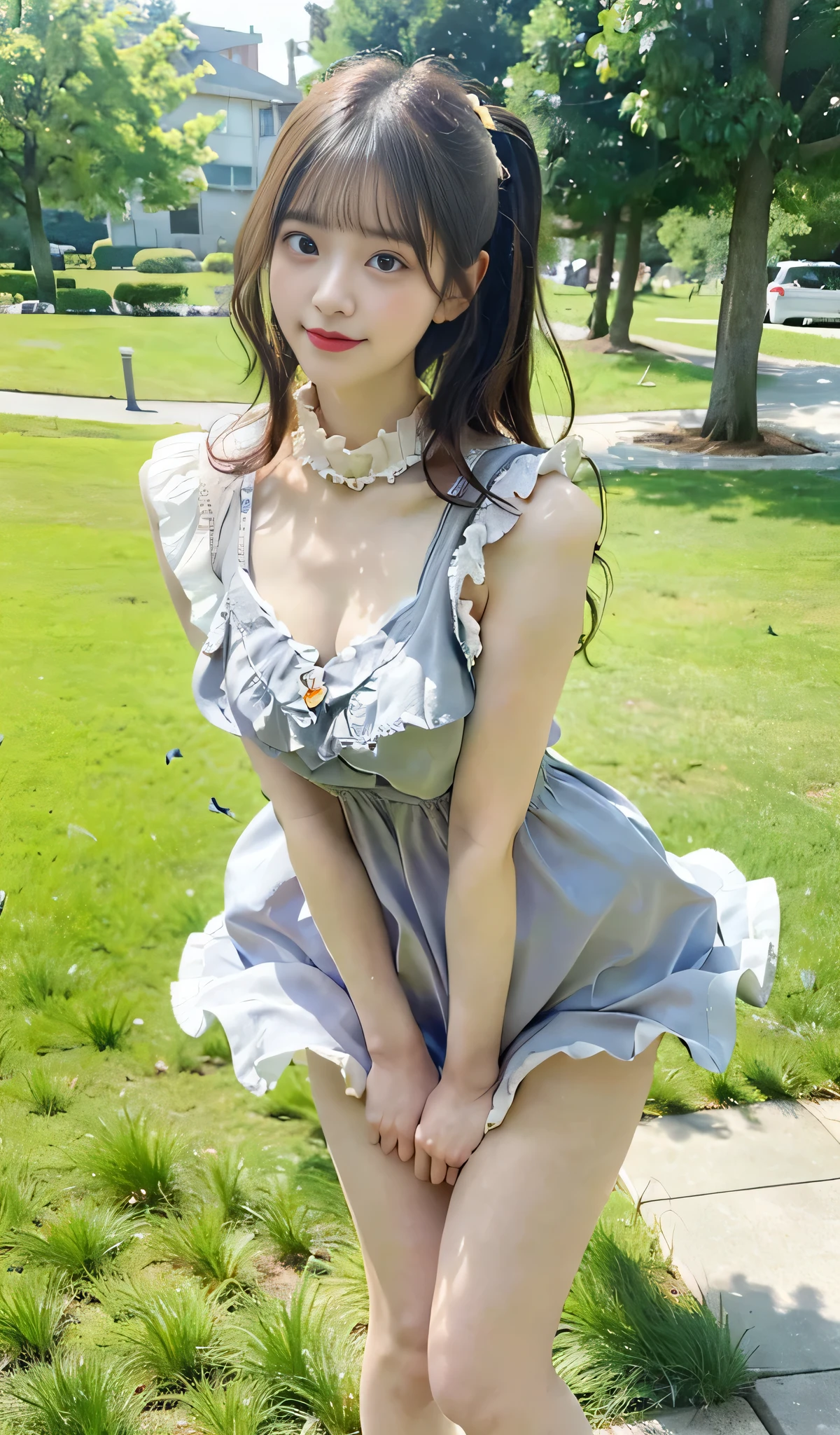 {{20yr old, japanaese girl}}, (((Frilled summer dress fluttering in the wind :1.4))), (((Frilled summer dress fluttering in the wind and completely exposes your beautiful thighs. :1.4))), (Curly hair fluttering in the wind:1.2), hair scrunchie, Twin-tailed, (Surprised:1.2), (Smile:0.6), (extremely detailed eye:1), (Best Quality:1.0), (超A high resolution:1.0) ,(photographrealistic:1), (ultra-detailliert:1.0), (8k RAW photo:1.1),Looking at Viewer, , ( wind lift:1), Leaning forward,SFW