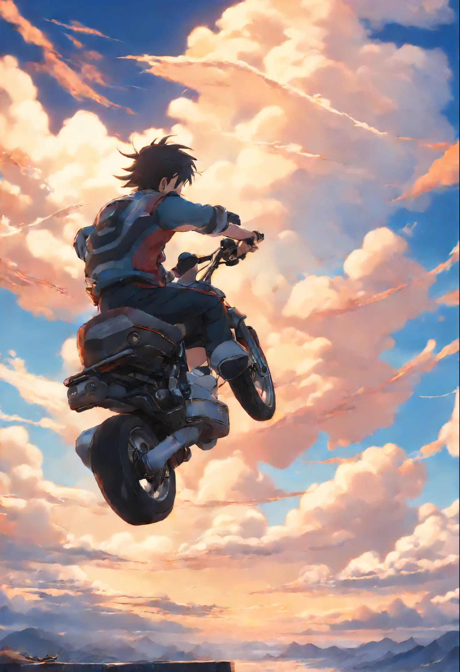 The boy appears in the lower right corner of the screen and shoots the sky unilaterally on the roof。Sunset background,A Chinese dragon formed by thick clouds,Riding a motorcycle made of clouds to the lower right corner。The Chinese dragon riding motorcycle made of clouds is huge,Accounts for 60%Sky frame。Bright colors,Makoto Shinkai painting style,There is wind。