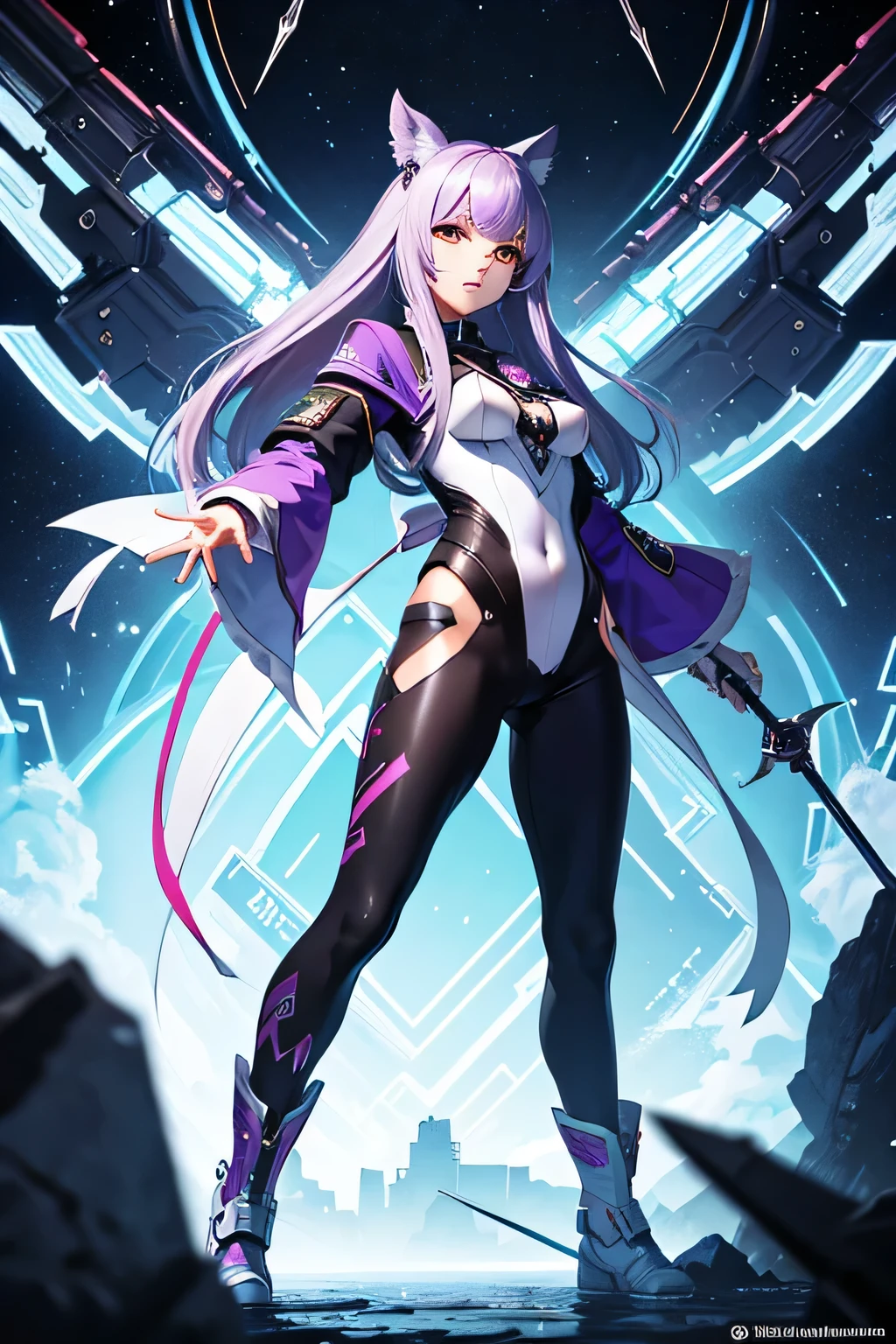 gaming character穿着电子音乐刺客紧身衣、Holding an electronic music dagger、Silver and purple hair anime full body picture close-up， seraphine ahri Keda， Extremely detailed artistic embryos， most models |Art germ， style Art germ， aak， Keda， Official splash art， King Glory style， ahri， From the glory of kings， trending Art germ， King of Glory character introduction，electronic music weapon style，gaming character，anime body