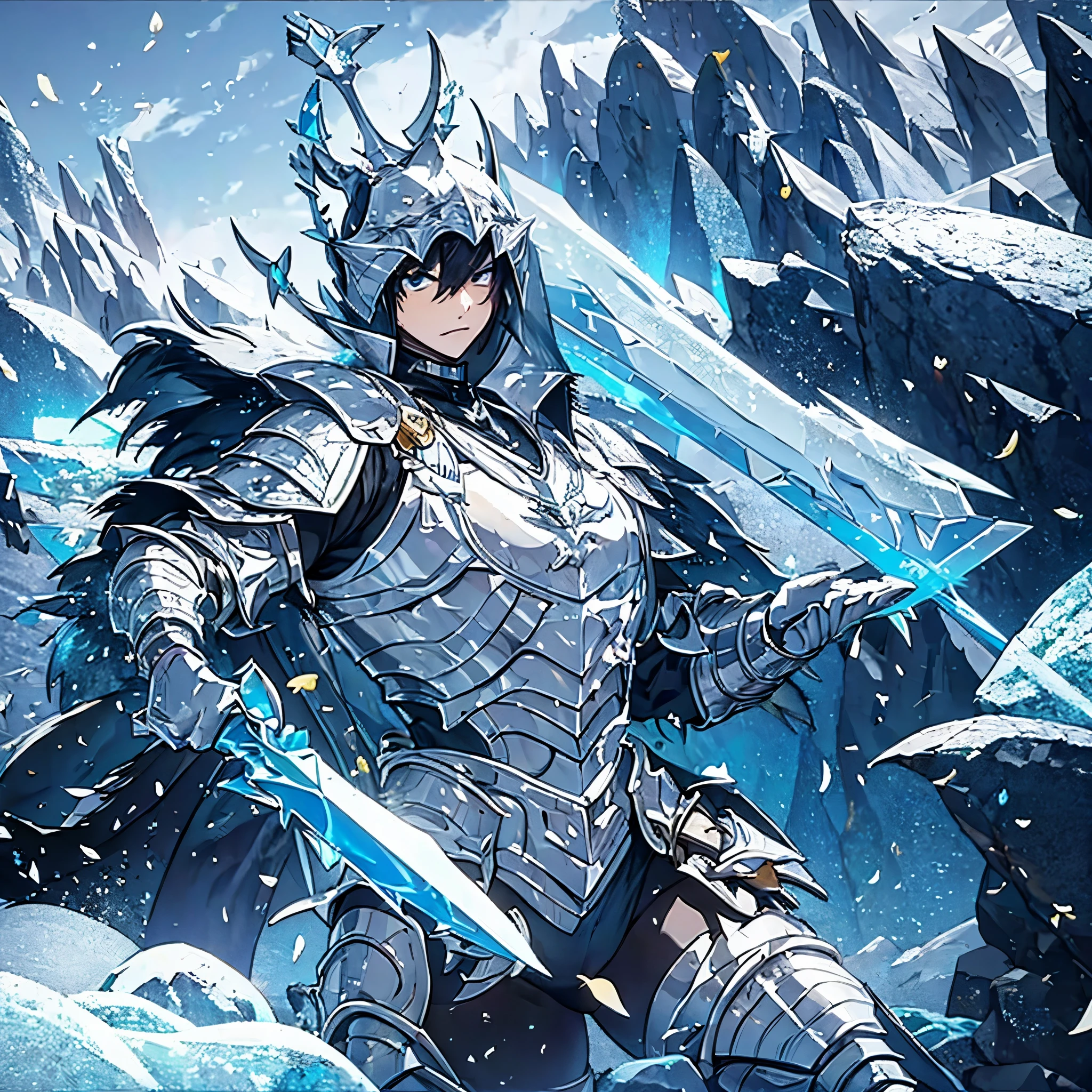 A man wearing heavy armor holding an ice sword