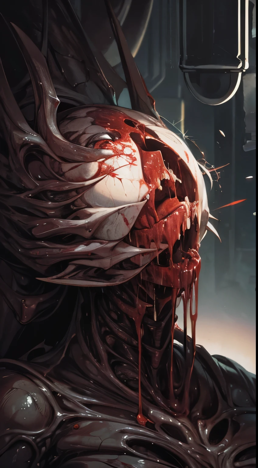 (body horror:1.4), portrait , close up of face, (biomachine:1.3), (bloody:1.2), ser vivo, (colorido:1.2), Hans Giger, many hands, (zentangle:1.2),
granulado, extremamente detalhado, detalhe intrincado, dynamic  lighting, fotorrealista, natural  lightting, pouca luz,
(obra-prima, detalhada, highres: 1.2), blood, red liquid , red