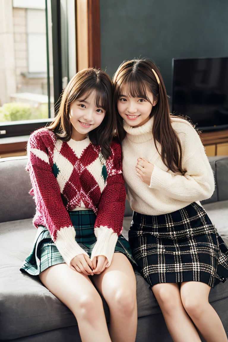 Two beautiful girls in argyle sweaters、Shorts、 student、Black-haired、Short Bob、Straight long hair、Hair Bun、living room、Relaxed atmosphere、Wool tights、