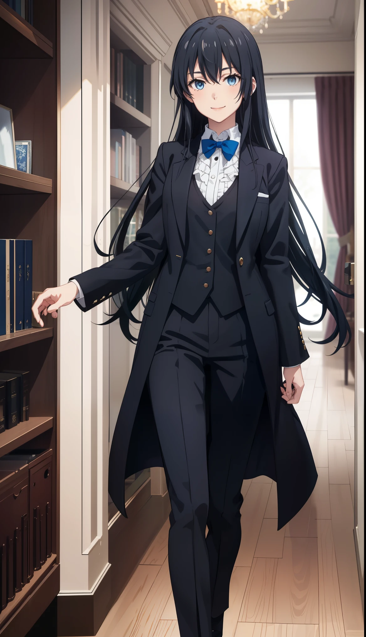 Yukinoshita yukino ,woman in formal attractive tailcoat standing in a large alcove in the room , 1girl, solo, blue necktie, black hair, blue eyes, long hair, smile , collared shirt, white pants, white shirt , tailored tailcoat elegant , standing in front of a window ,tailcoat tailored crafted from the lustrous fabric