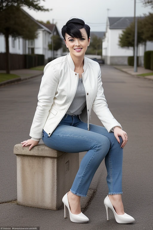 emyliaargan, woman, short black hair, white jacket, smile, jeans, high heels, full body, sitting,, intricate details, hyperdetailed, cinematic, realistic, masterpiece, peeing self