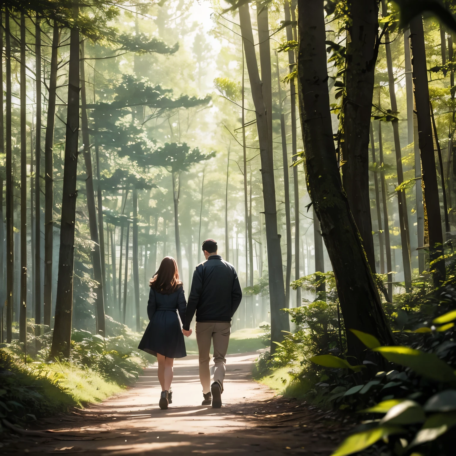 Couple walking by in a forest in a daylight