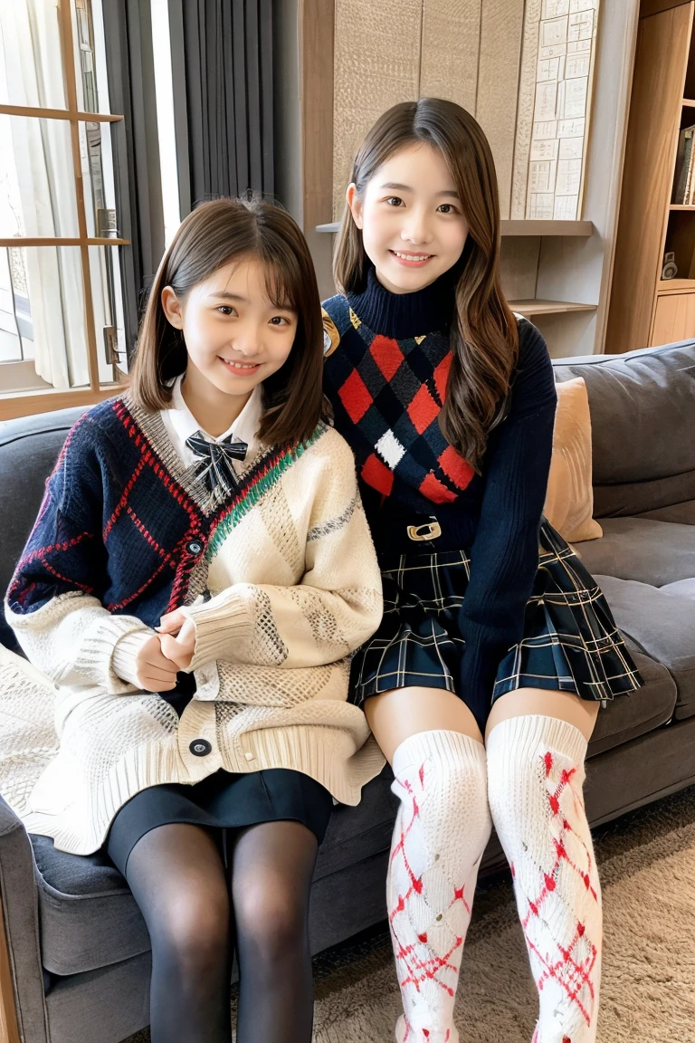 Two beautiful girls wearing argyle sweaters、Wool skirt、、livingroom、Happy look、wool tights、