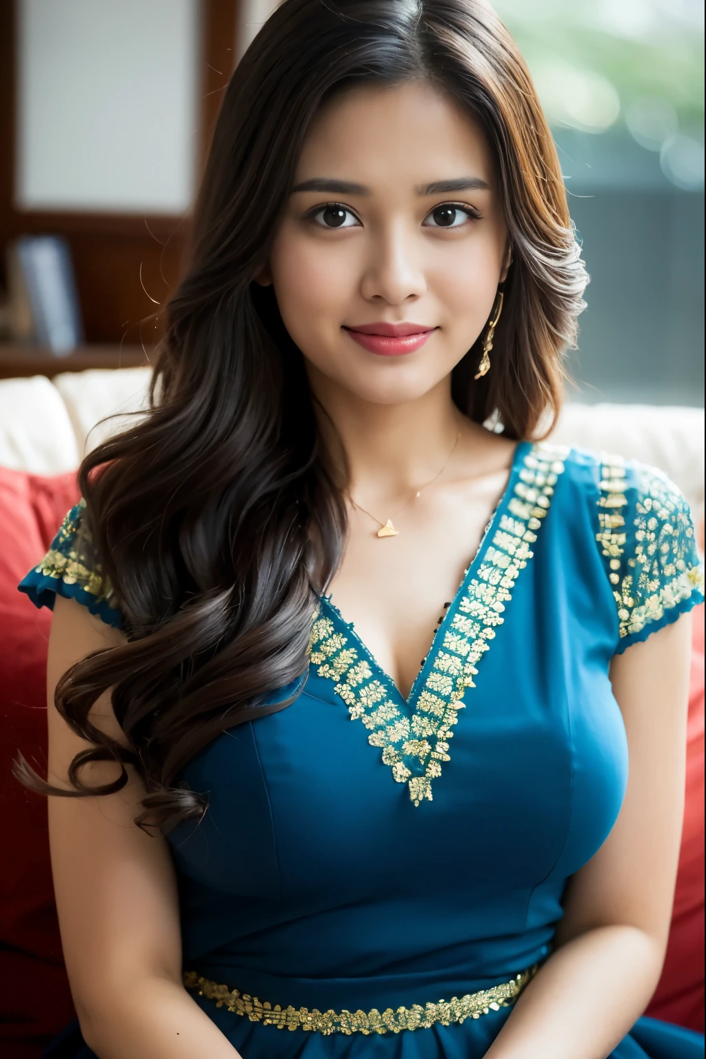 Portrait of A confident-looking indian girl long flowing hair, hazel and brown eyes, c-cup breasts, sitting on sofa, office background, bokeh, perfect composition, hyperrealistic, super detailed, 8k, high quality, trending art, trending on artstation, sharp focus,  studio photo, intricate details, highly detailed, art by greg rutkowski