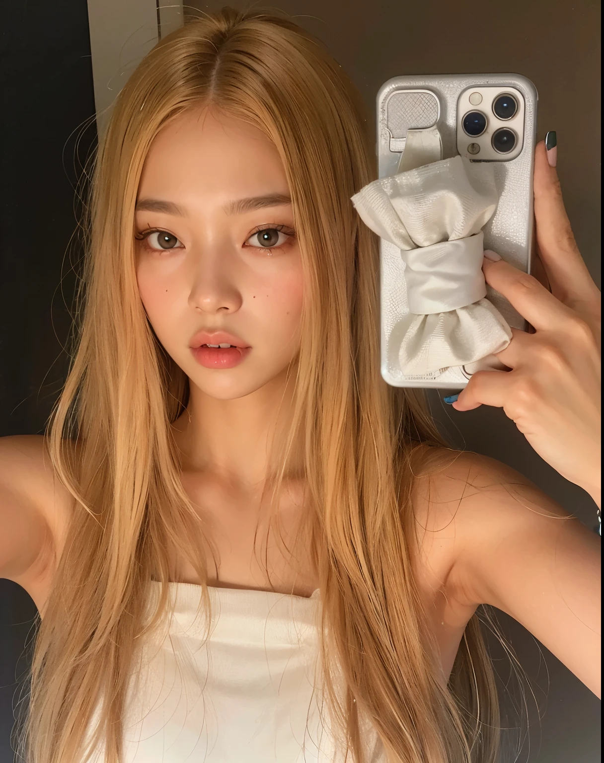 There is a girl who is taking a selfie with her cell phone, Parque Roseanne do Blackpink, jossi do blackpink, jennie blackpink, Lalisa Manoban do Blackpink, Lalisa Manobal, Cl, portrait of jossi do blackpink, Heonhwa Choe, Jaeyeon Nam, TaeJune Kim, Dom Yunjoo, com cabelos longos brancos
