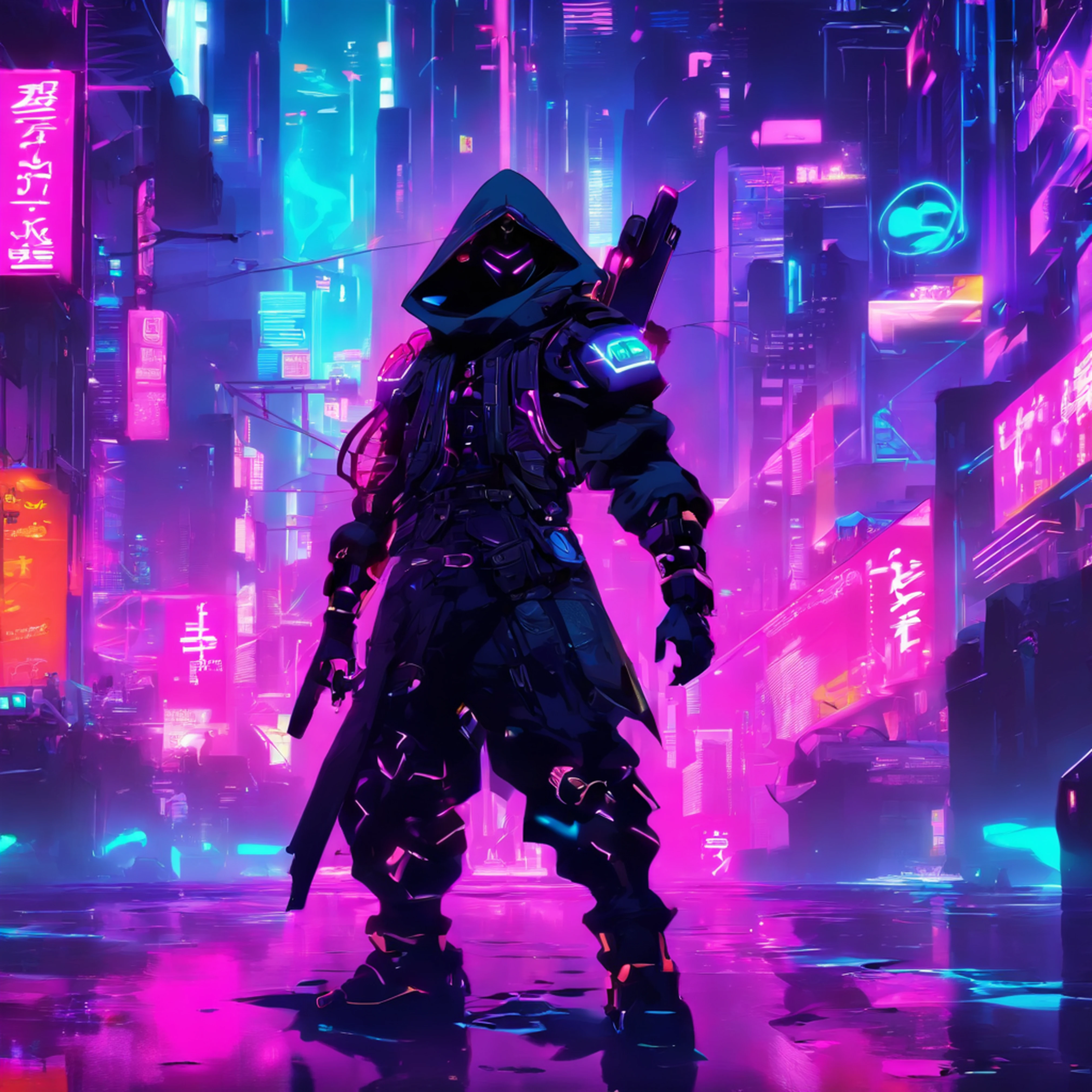 Homem arafiado com capuz preto and moltom neon, Cyberpunk Goon Street, cyberpunk assassin, cyberpunk hero, cyberpunk hacker, cyberpunk character, cyberpunk soldier, Master Chief of Cyberpunk City, Cyberpunk style theme, Surreal cyberpunk style, Cyberpunk under neon lights, and Mumford. 8k octane rendering, Hero poses with colorful city lights, Dark cyberpunk illustration