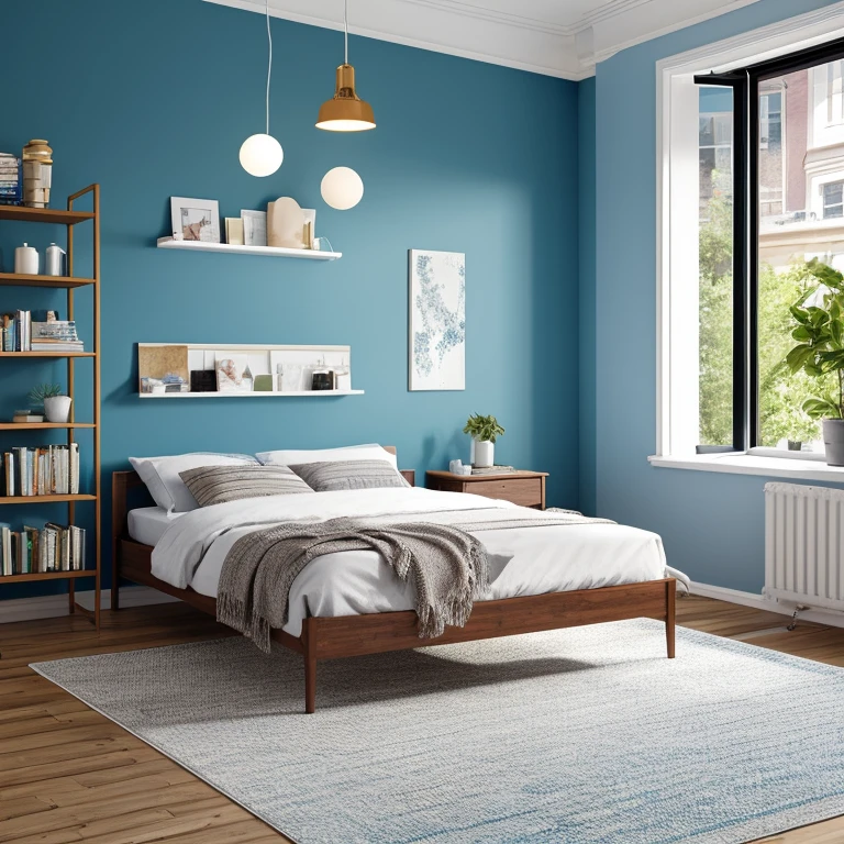 janelas，窗帘，sofe，carpets，vibrant with colors， and clean，【Greenery】，blue wall，lamp lights，超高分辨率，中景 the scene irightly，llight rays，Light，Add details，high qulity，Pubic area is clear，bright room，Accurate