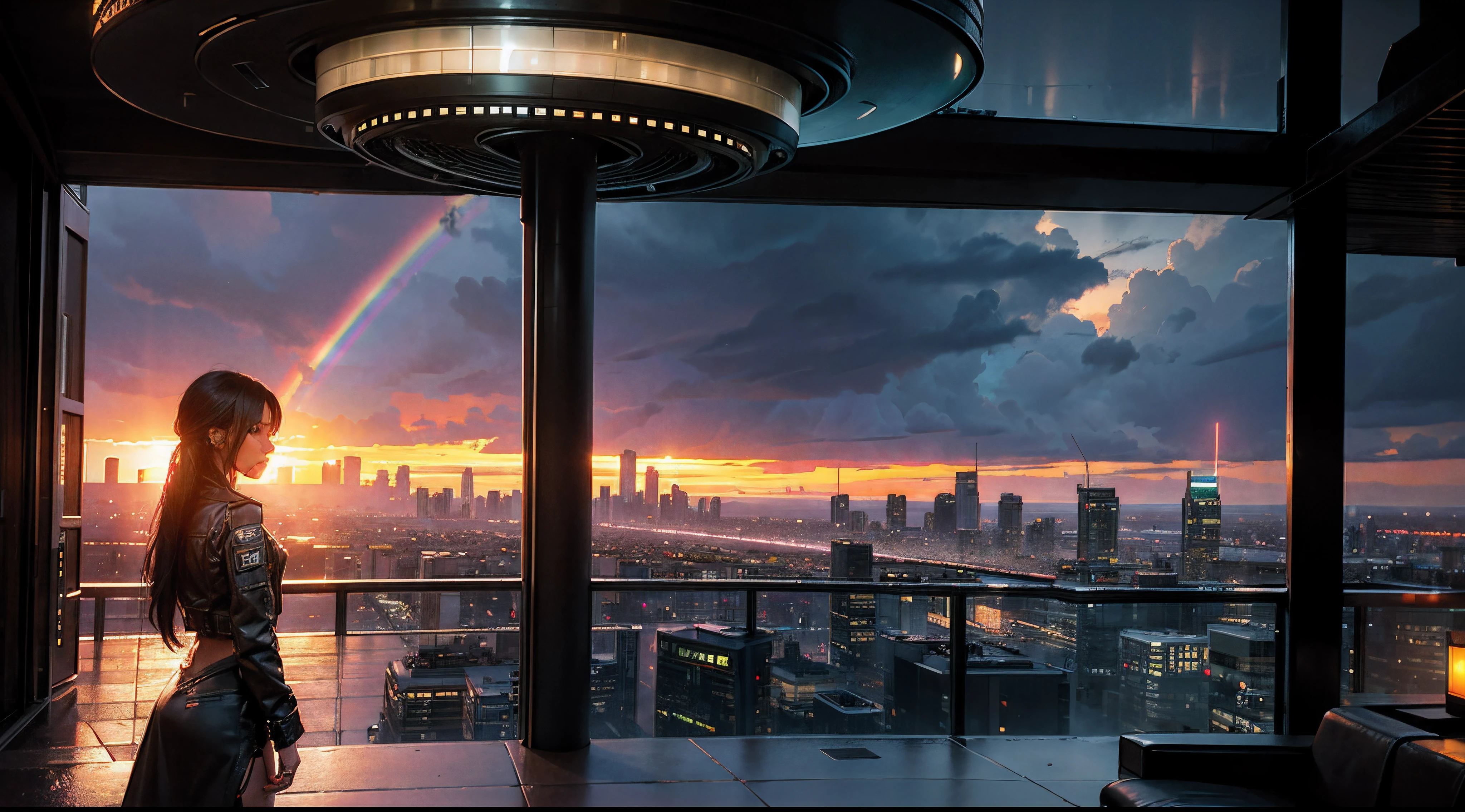 nextgen octane render of an impressive sunset in a rainy day seen from a terrace  with view of the whole city, everything is futuristic, futurepunk, outside in the sky there's a colossal ufo and heavy rain with a rainbow near the sun ,  for a lofi music channel