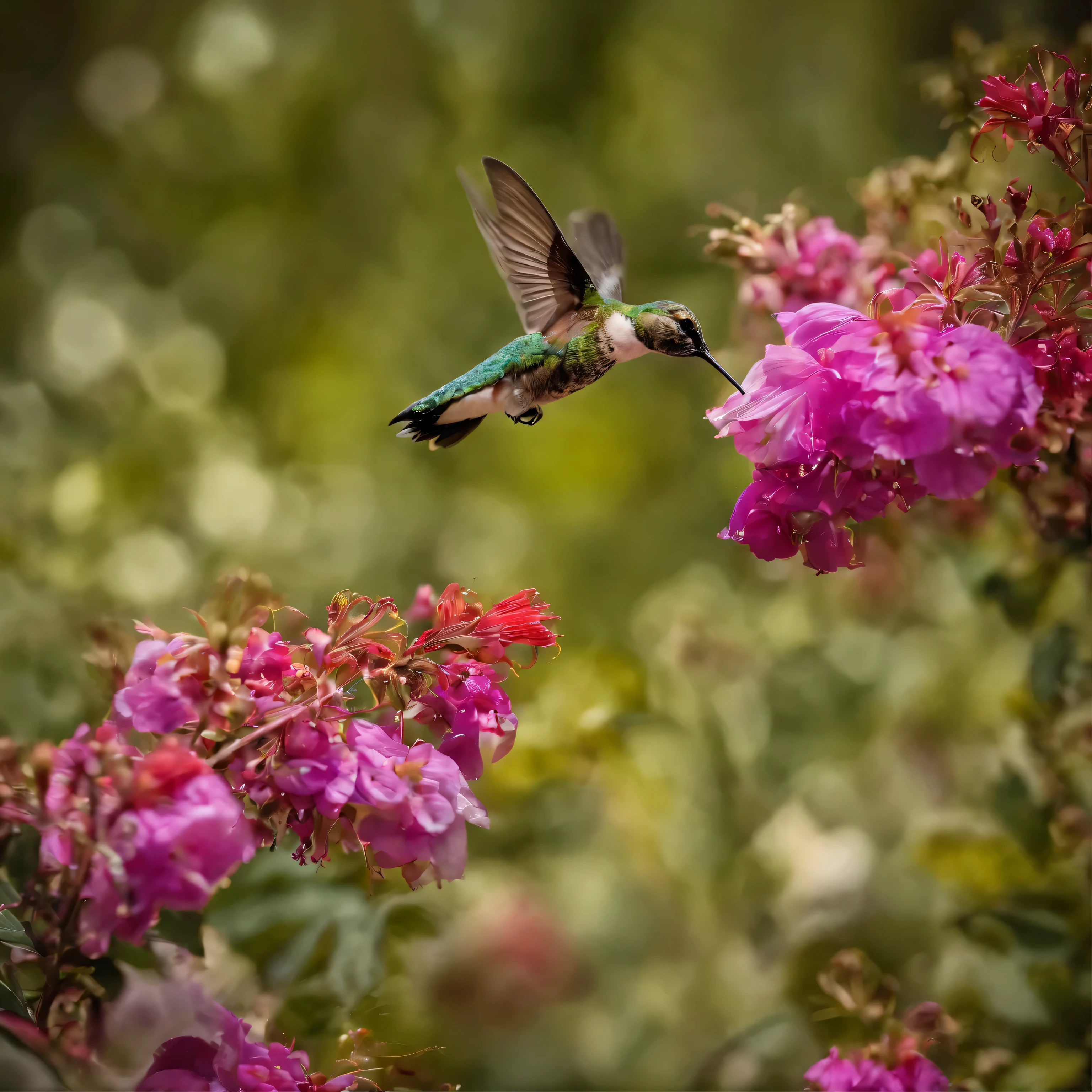 Hummingbird collecting nectar among flowers