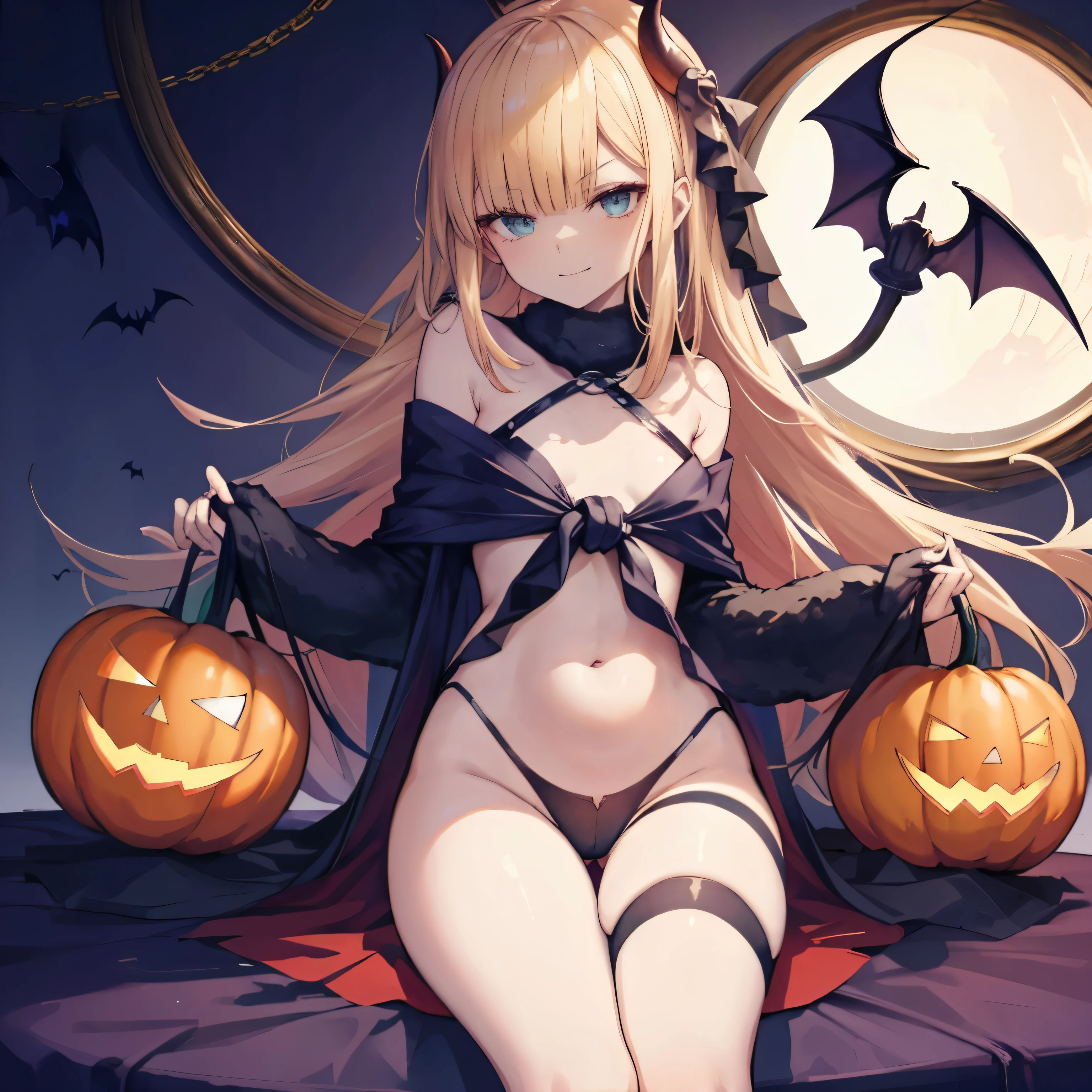 one-girl,Alone,halloween,轻薄的succubi服装,Little devil,succubi,ssmile,Jack-o'-lantern,bound waist,Extra short thigh-high jeans with shoulders,little belly